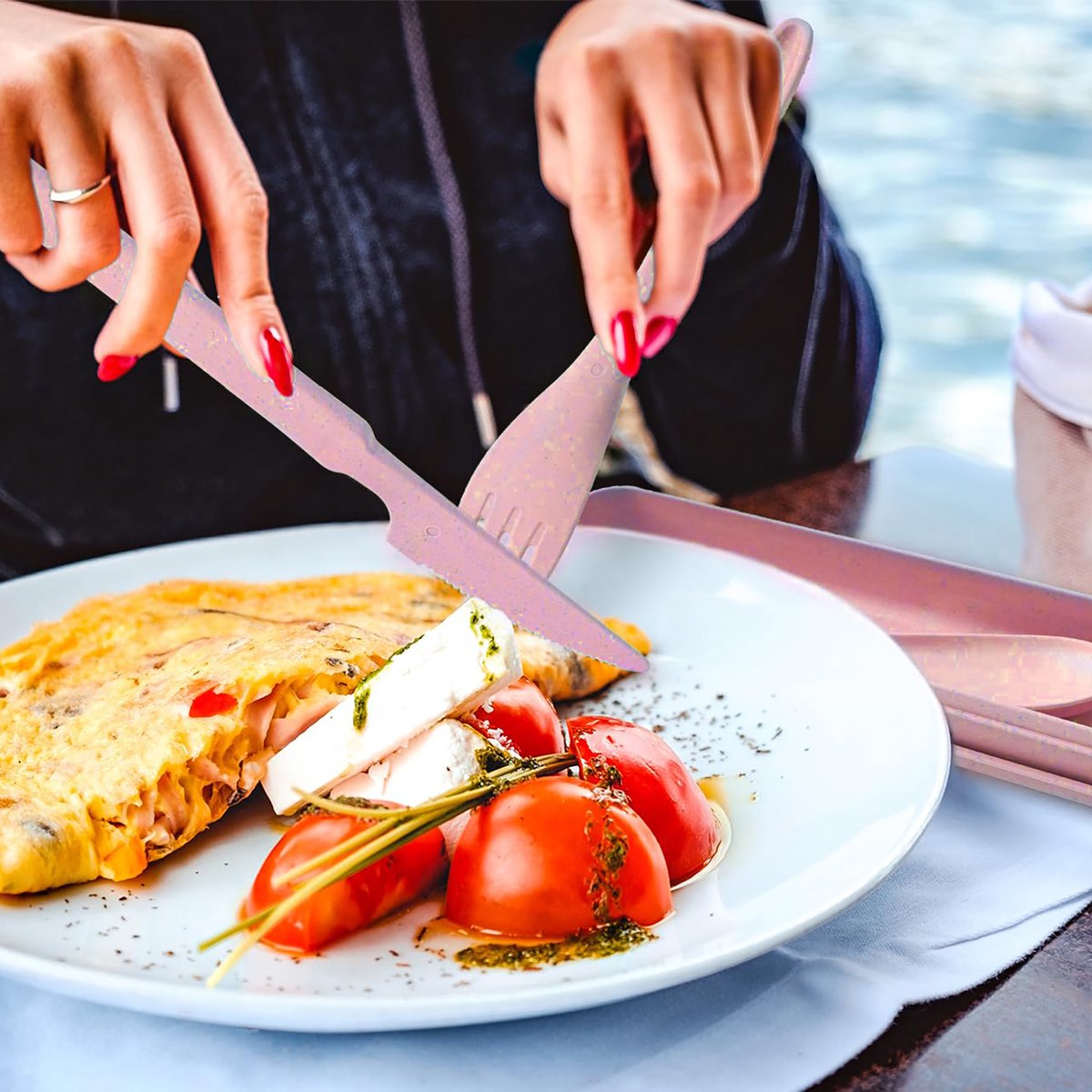 YONO Camping Bestek Set - Outdoor Eetgerei Meeneem Set - Reis Lepel, Vork en Mes - Roze