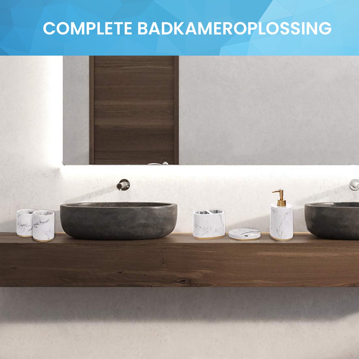 YONO Badkamer Accessoires Set - Zeeppompje - Zeepbakje - Tandenborstel Houder - Beker - Marmerlook Wit Goud