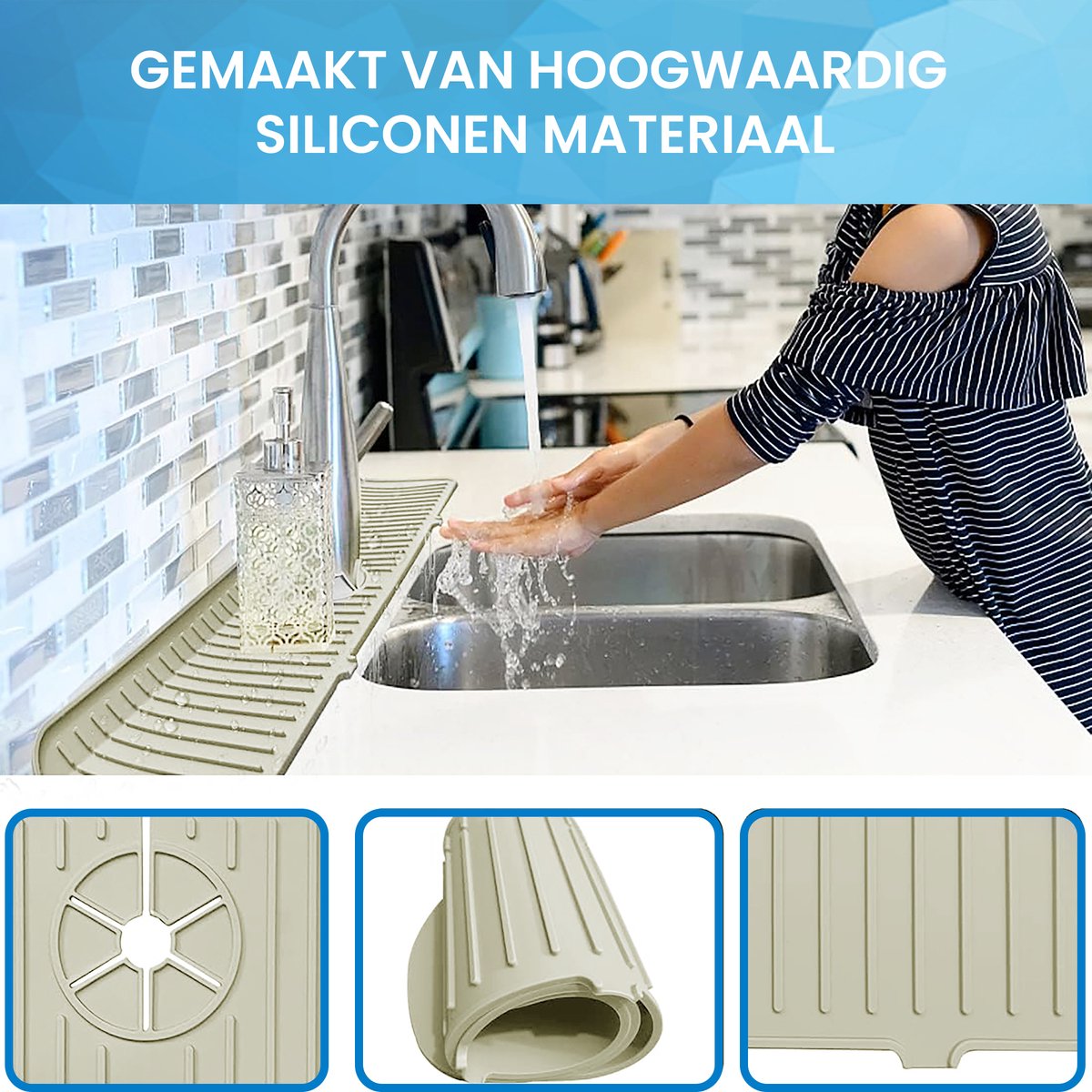 YONO Siliconen Kraanmat - Afdruipmat Organizer - Aanrechtmat voor Kraan - 45 x 15cm - Beige