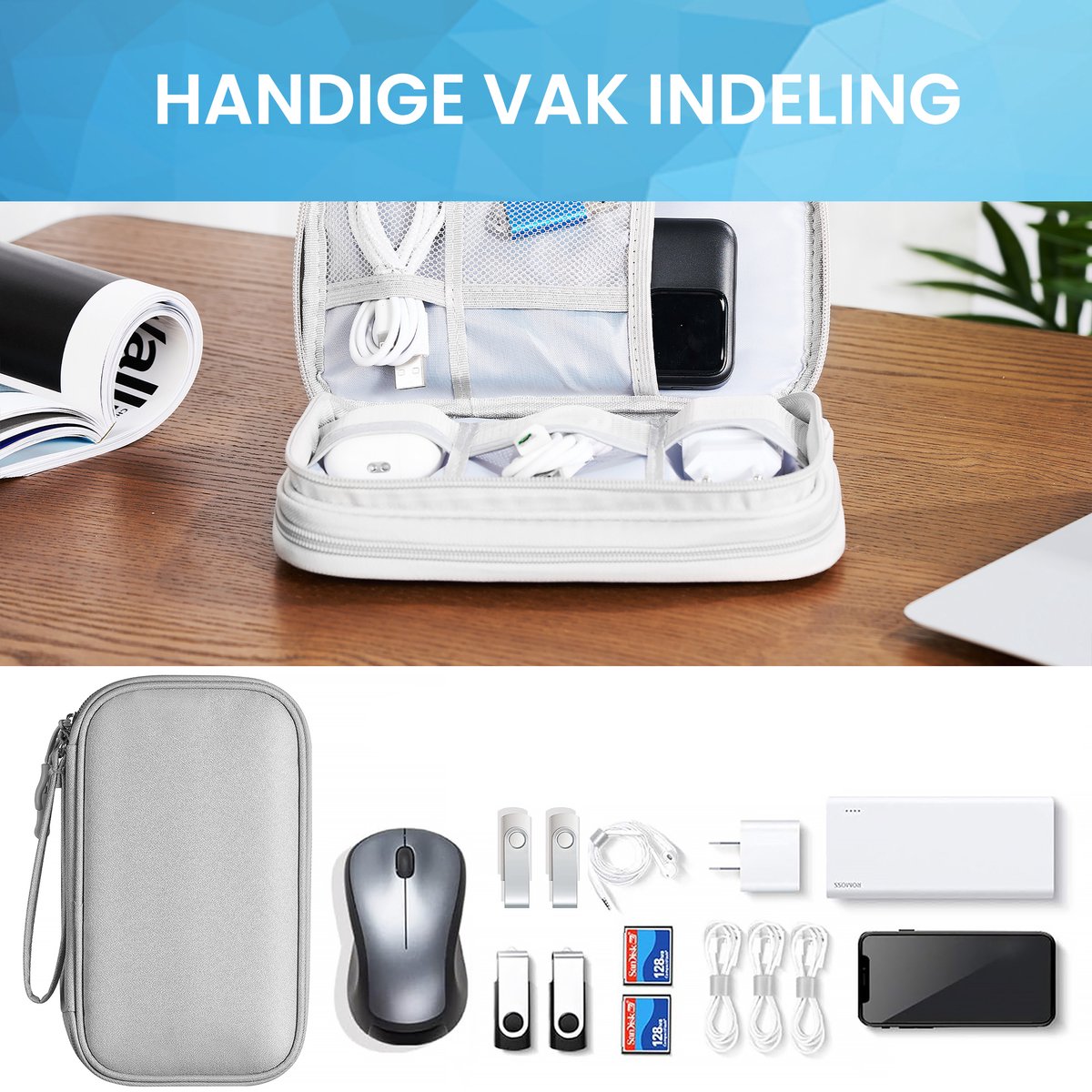 YONO Kabel Organiser Tas Small - Compacte Kabeltas - Opbergtas voor Elektronica en Accessoires - Etui Organizer Case - Lichtgrijs
