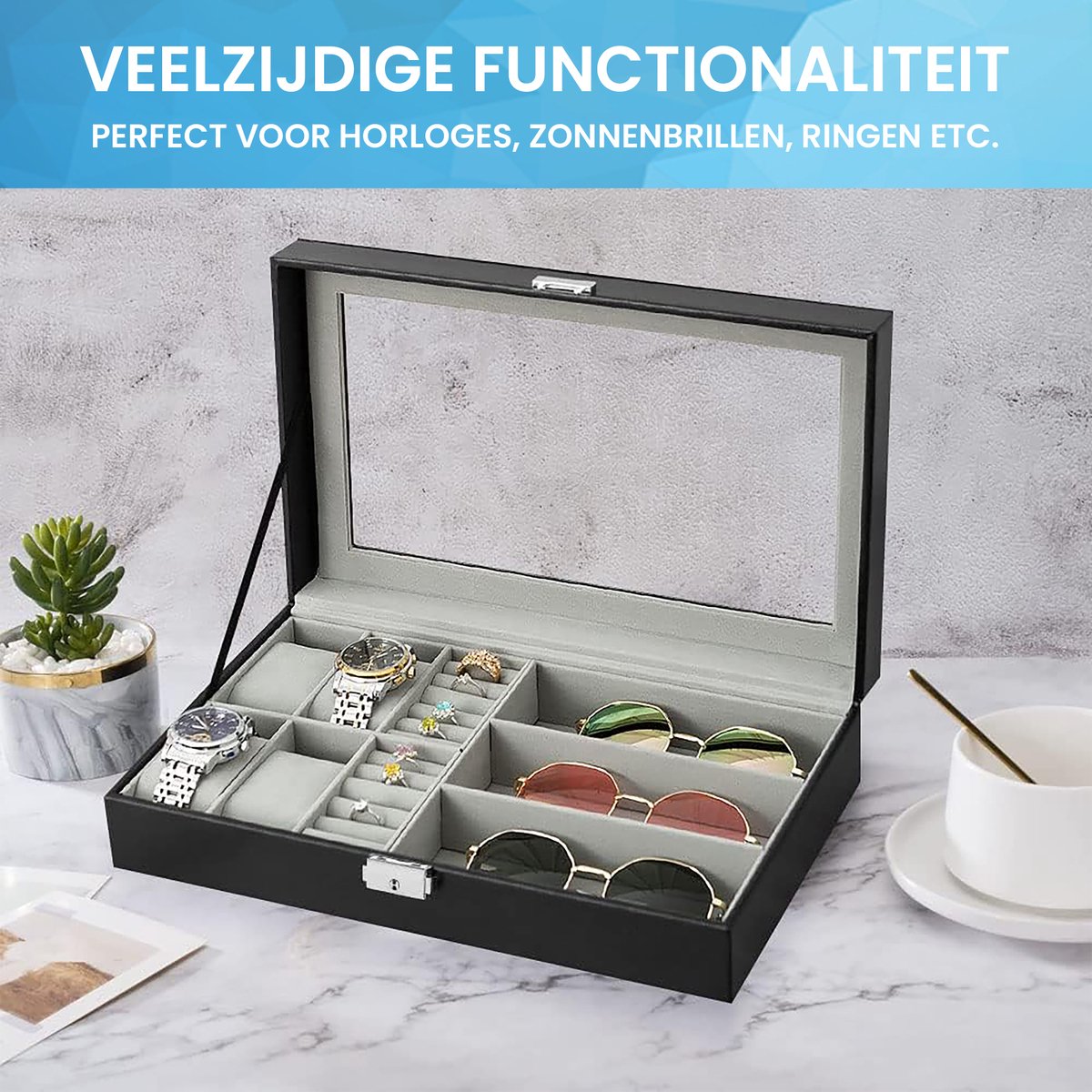 YONO Opbergbox voor Horloges / Brillen / Sieraden - Horloge Box - Zonnebrillen Doos - Organizer - Zwart