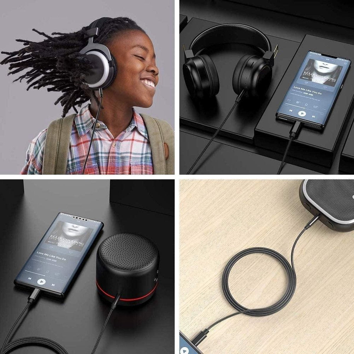 YONO Luxe Lightning naar Jack 3.5mm Adapter – 1 Meter Kabel Nylon – Zwart