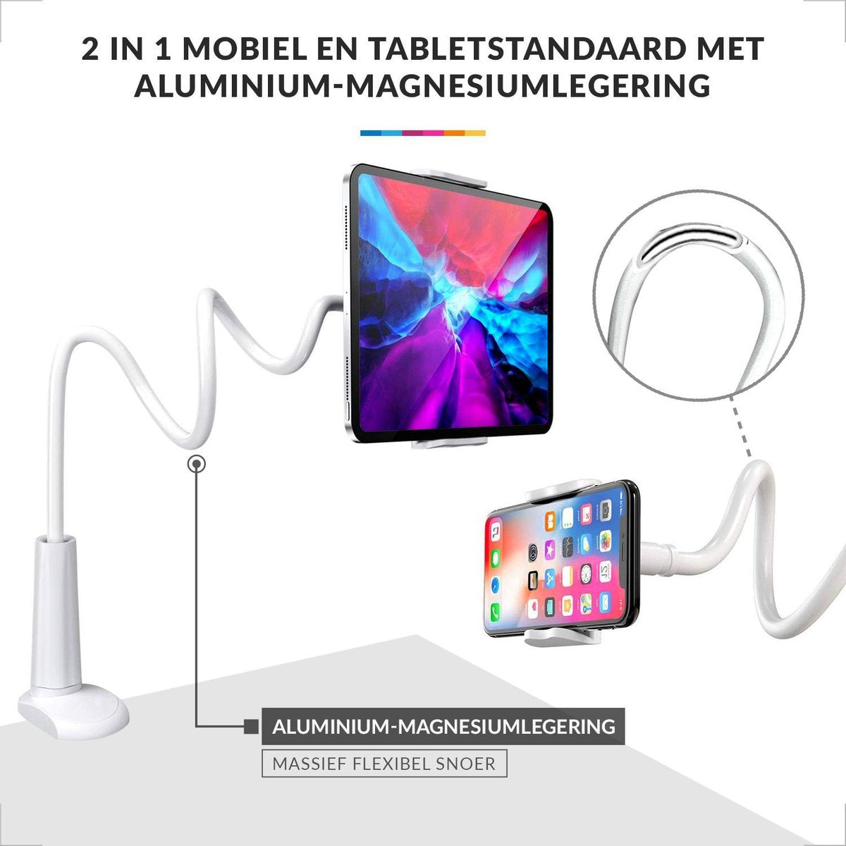 YONO Tablet Houder Flexibel - Smartphone Standaard Universeel - Statief geschikt voor Bureau Tafel en Bed - iPad - Telefoon - GSM - Wit