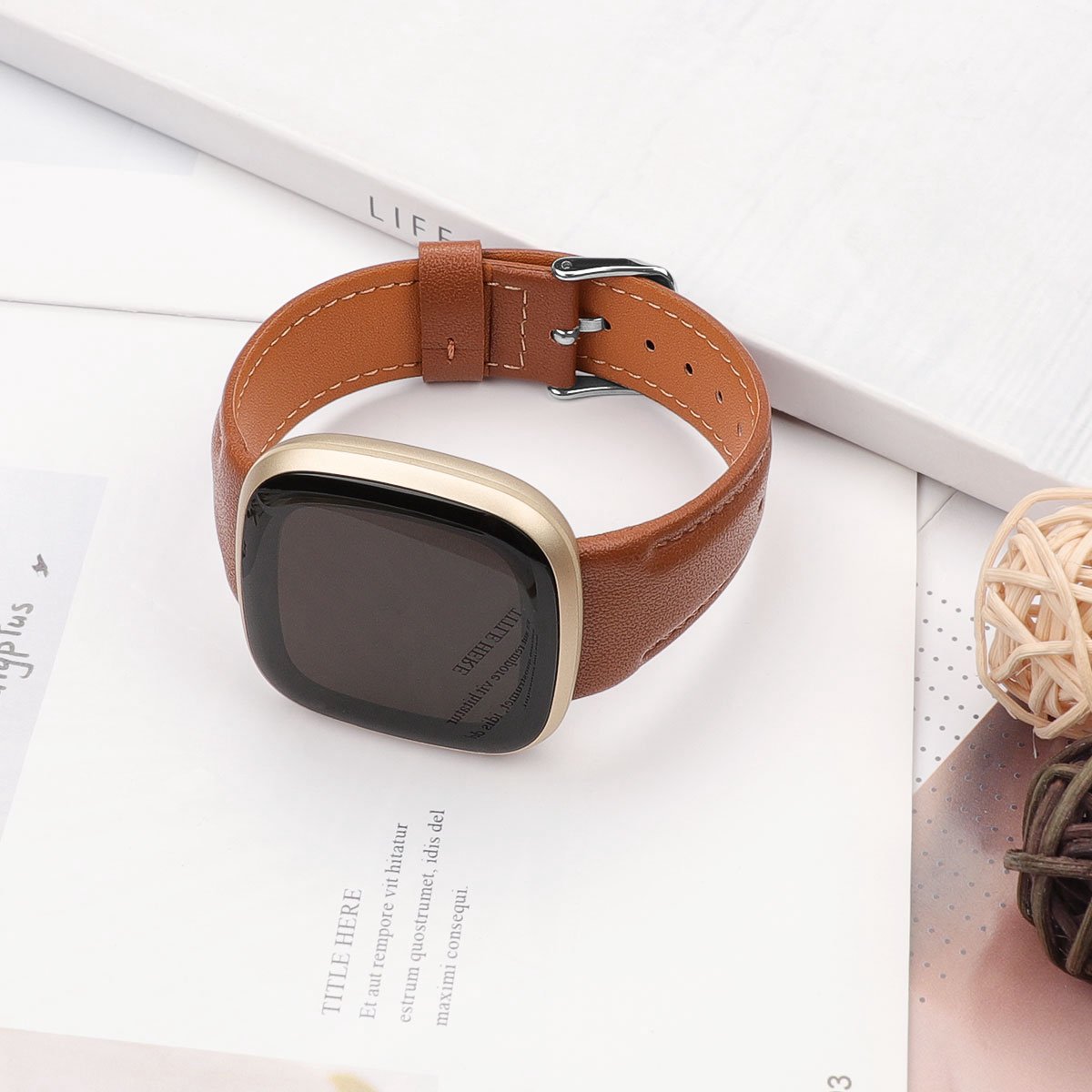 YONO Leer Bandje geschikt voor Fitbit Versa 4 / Sense 2 - Vervangende Lederen Armband - Bruin - Large