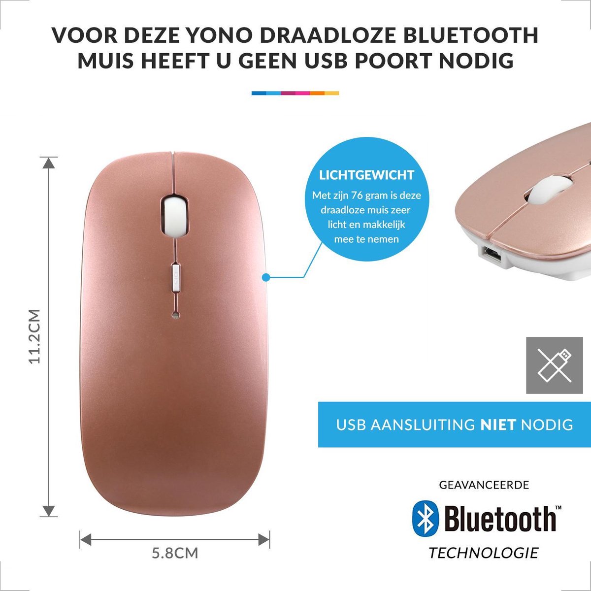 YONO Draadloze Muis met Bluetooth - Oplaadbaar - Geschikt voor Laptop, PC en Mac - Rose Gold