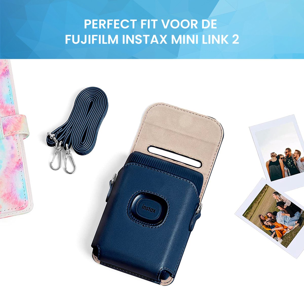 YONO Case geschikt voor Fujifilm Instax Mini Link 2 - Leren Hoesje met Draagriem - Tasje - Beschermhoes - Donkerblauw