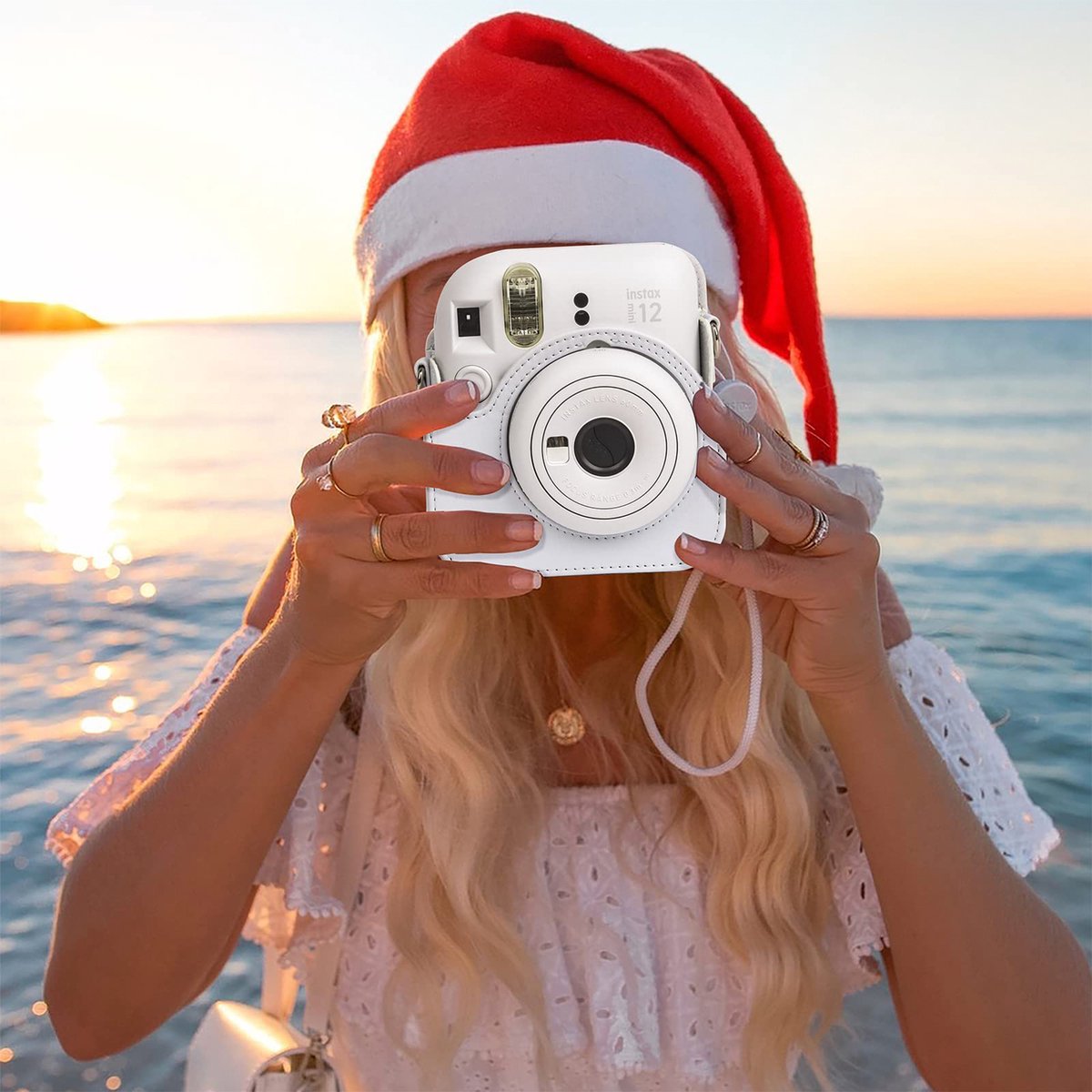 YONO Accessoires Set geschikt voor Fujifilm Instax Mini 12 - Camera Tas met Draagriem - Hoesje en Fotoalbum - Klei Wit