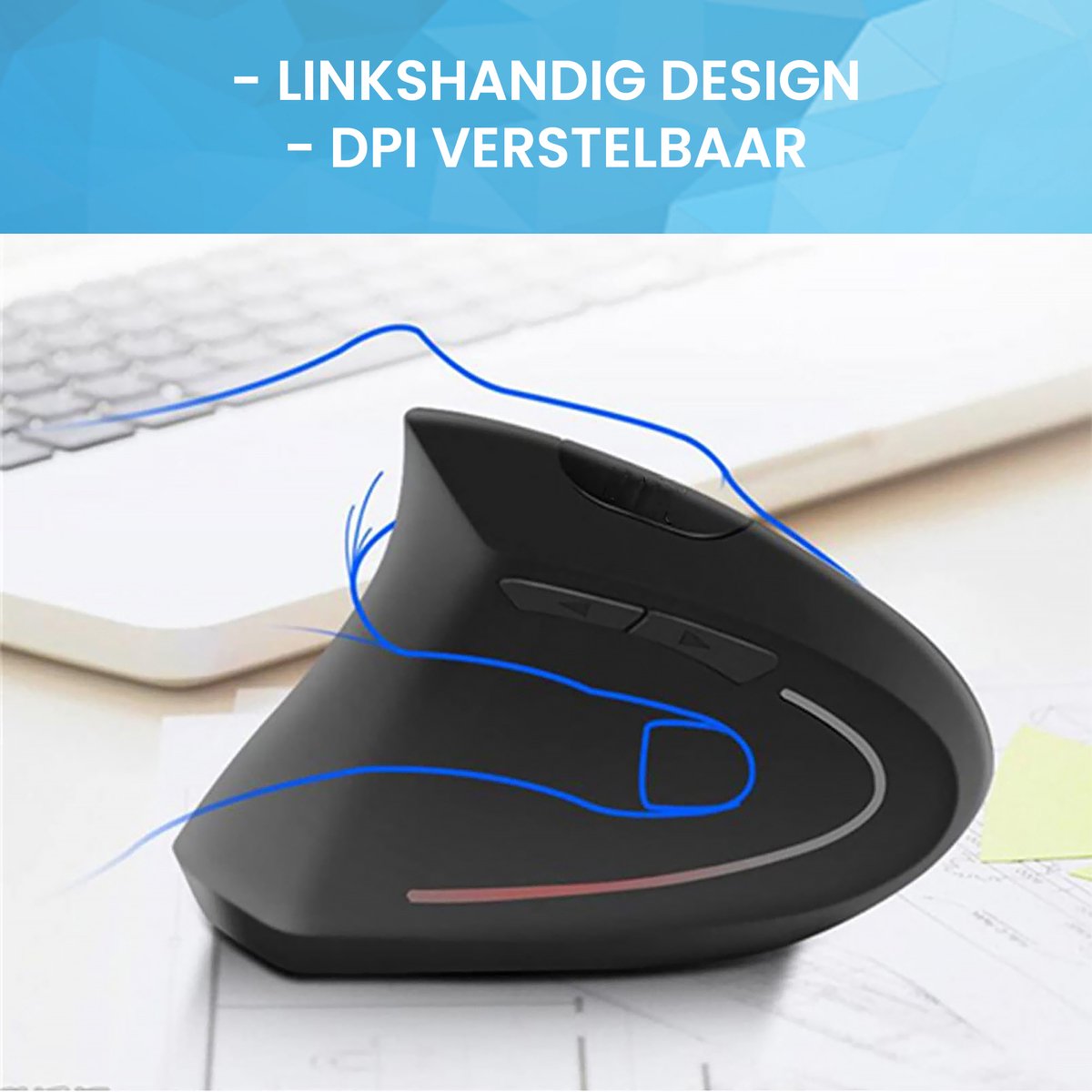 YONO Ergonomische Muis Linkshandig – Verticale Laptop en Computermuis – Draadloos met USB Connector - Zwart