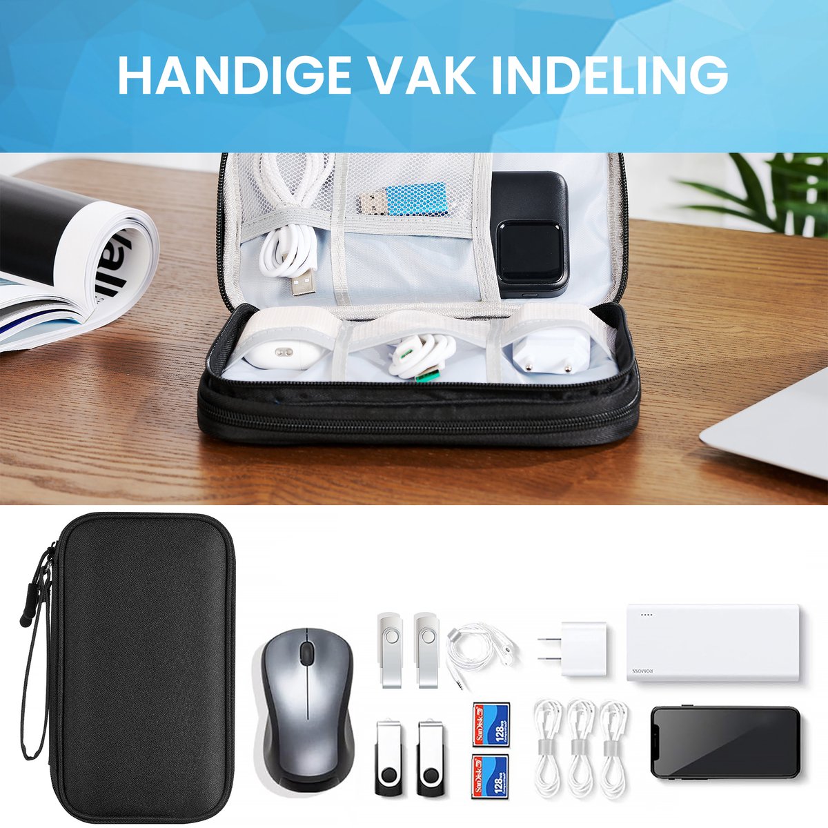 YONO Kabel Organiser Tas Small - Compacte Kabeltas - Opbergtas voor Elektronica en Accessoires - Etui Organizer Case - Zwart