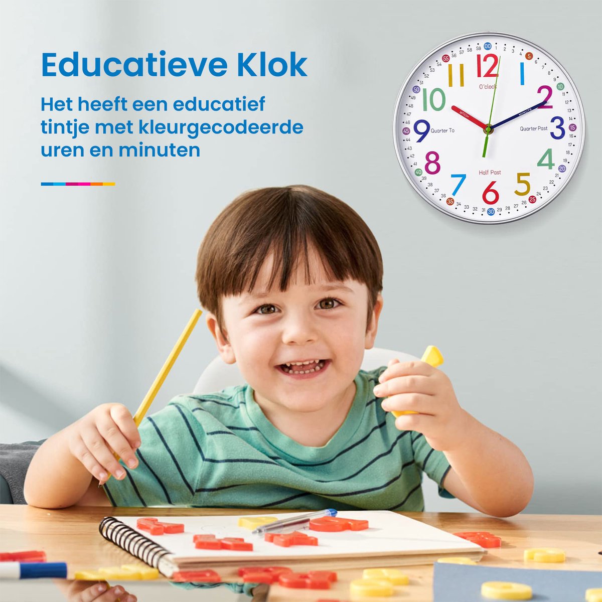 YONO Wandklok voor Kinderen - Leerklok met Kleuren Educatief - Klok Leren Kijken - Stil - Ø 30 cm