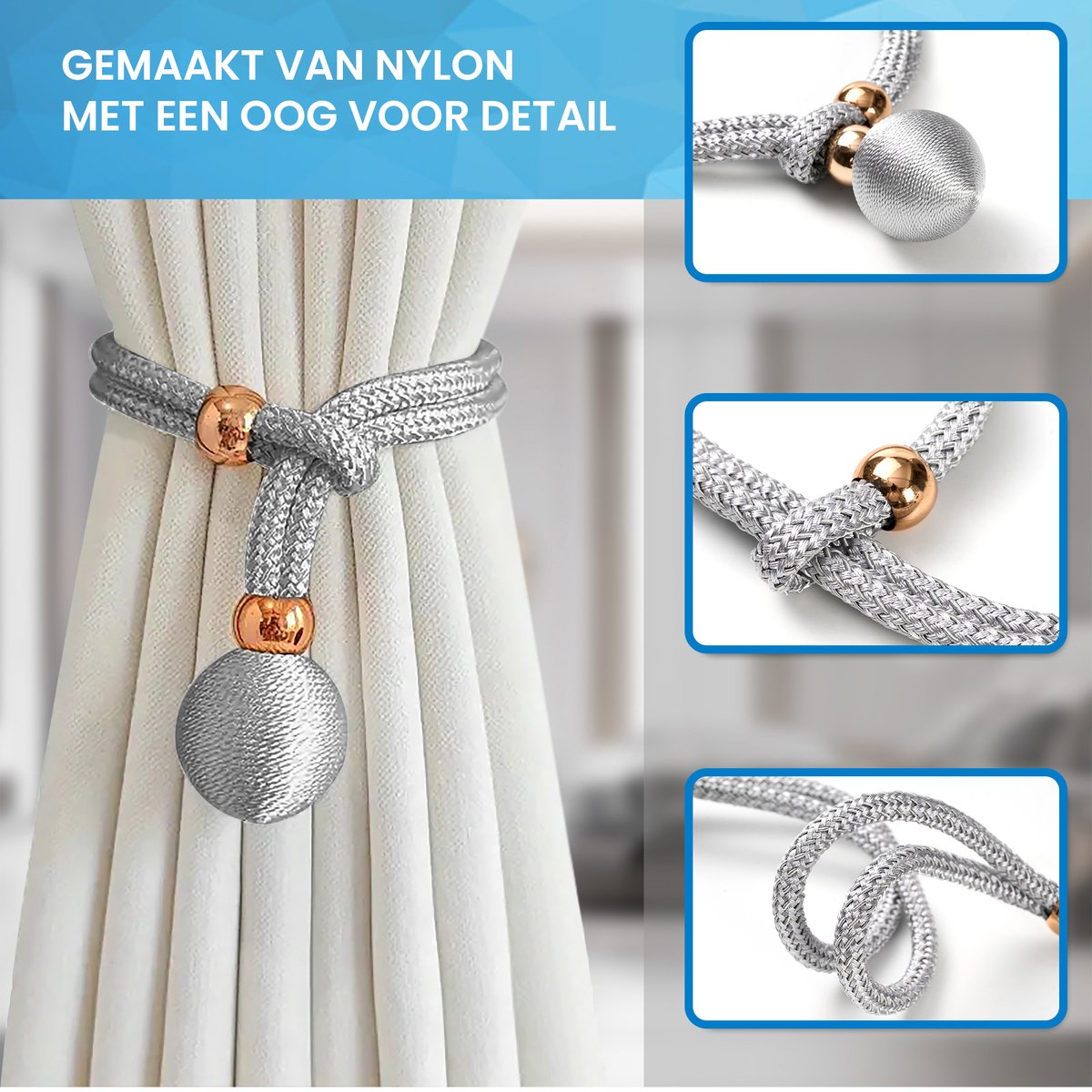 YONO Luxe Gordijn Houder - Gordijn Embrasse Modern - Gordijnbinder Touw - 2 Stuks - Grijs