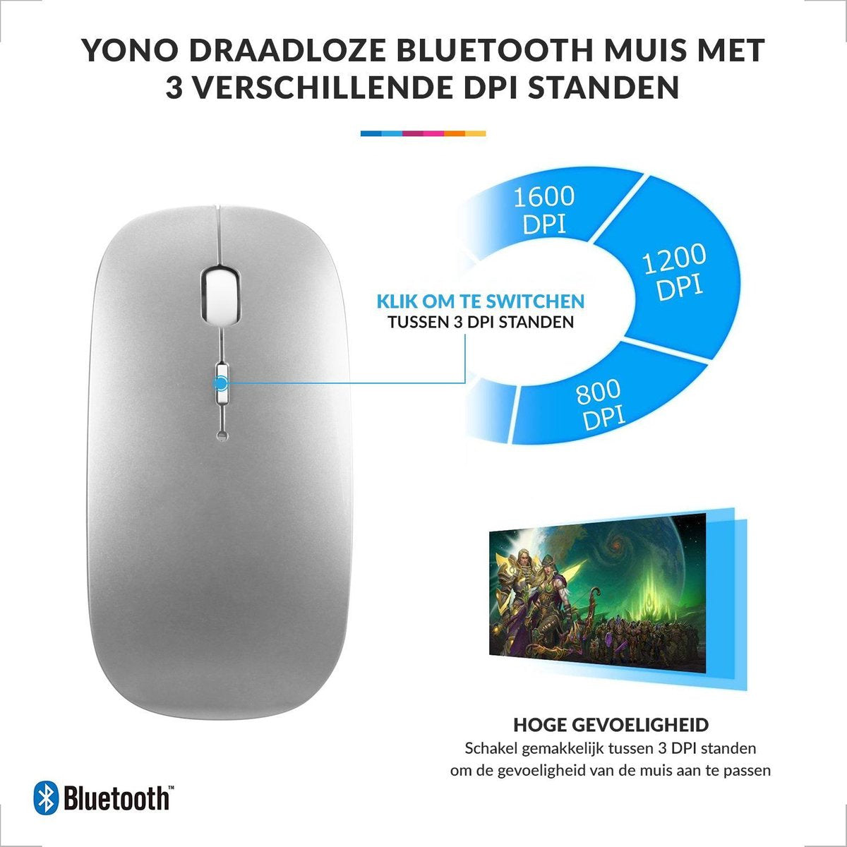 YONO Draadloze Muis met Bluetooth - Oplaadbaar - Geschikt voor Laptop, PC en Mac - Zilver
