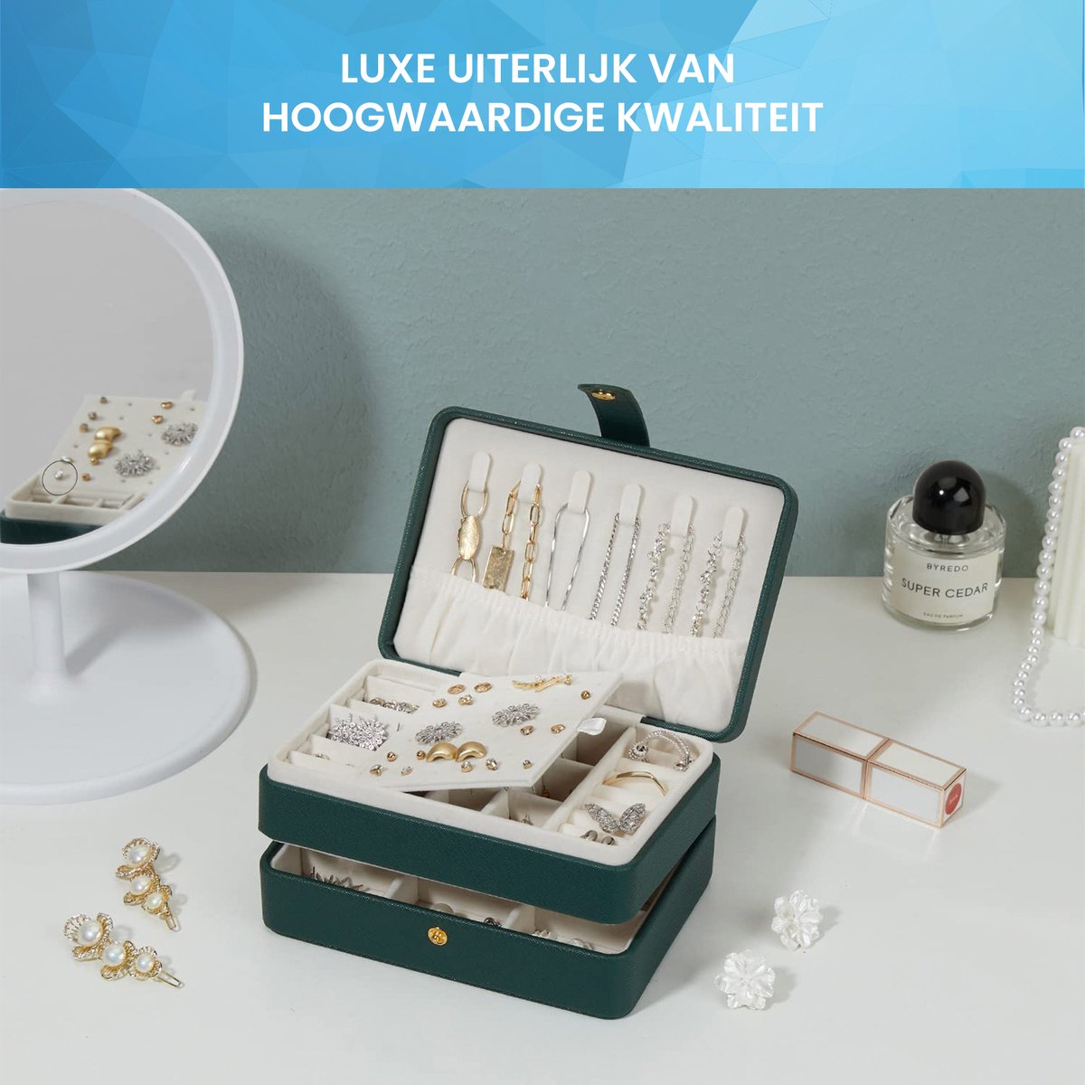 YONO Sieradendoosje - Doos voor Juwelen / Ringen / Kettingen / Oorbellen / Armbanden - Sieraden Organizer - Houder en Opberger - Opbergsysteem - Donkergroen