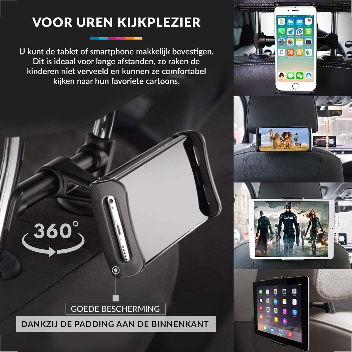 YONO Tablet Houder Auto Universeel - Hoofdsteun - Geschikt voor Tablet / Telefoon / Game Console - Zwart