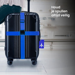 YONO Kofferriem met Kofferlabel - 2 Kofferband en 2 Bagagelabel - Dubbele Bagage Riem Verstelbaar - 4 Pack - Blauw