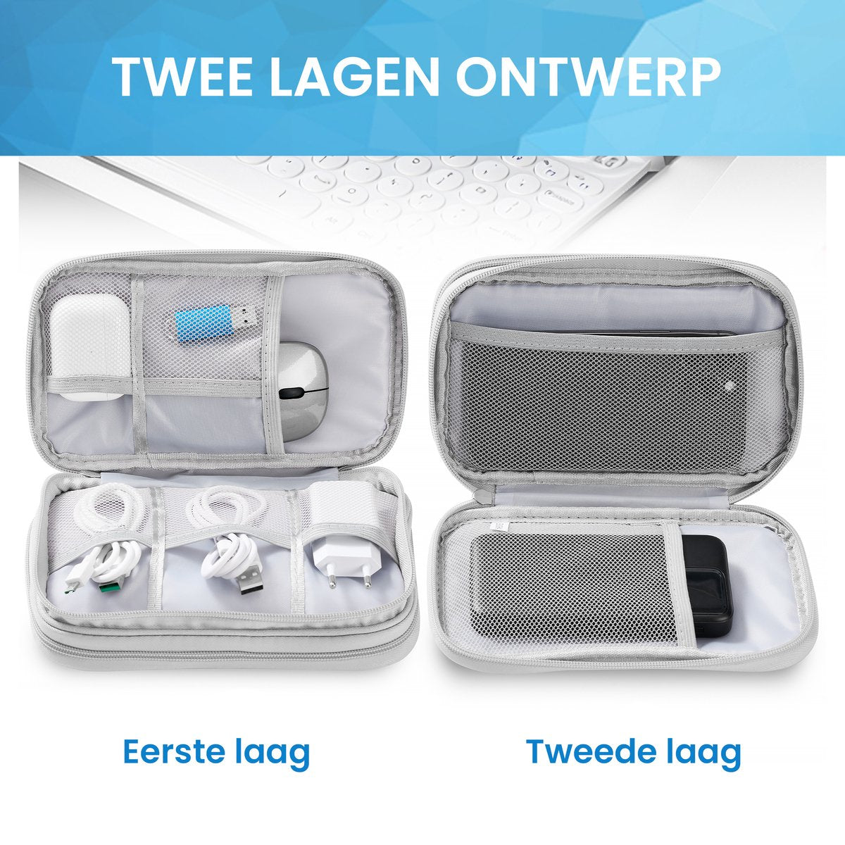 YONO Kabel Organiser Tas Small - Compacte Kabeltas - Opbergtas voor Elektronica en Accessoires - Etui Organizer Case - Lichtgrijs