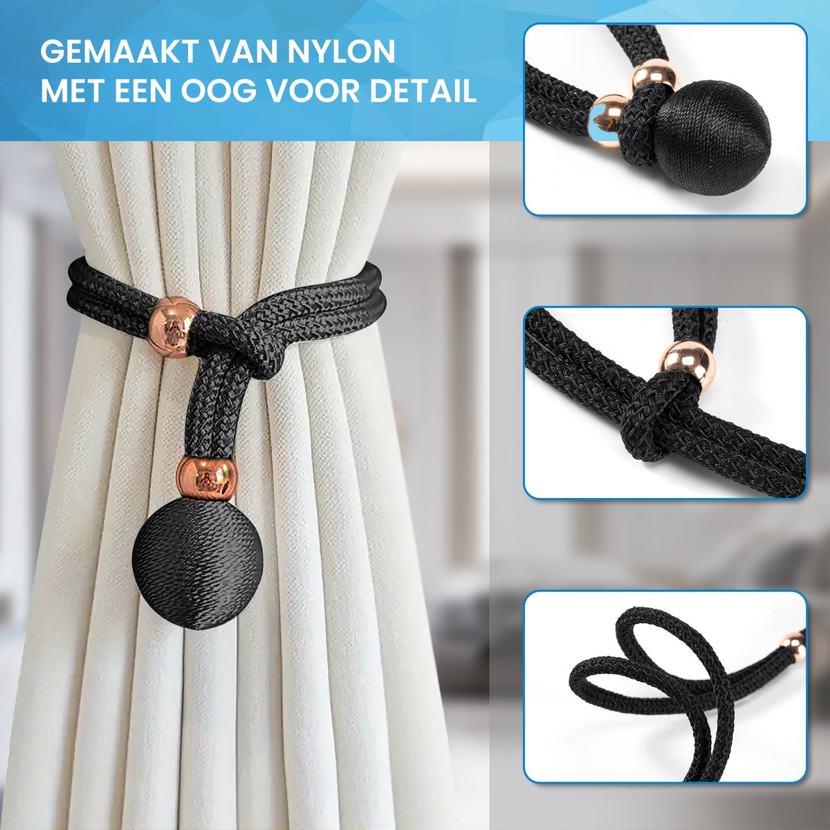 YONO Luxe Gordijn Houder - Gordijn Embrasse Modern - Gordijnbinder Touw - 2 Stuks - Zwart