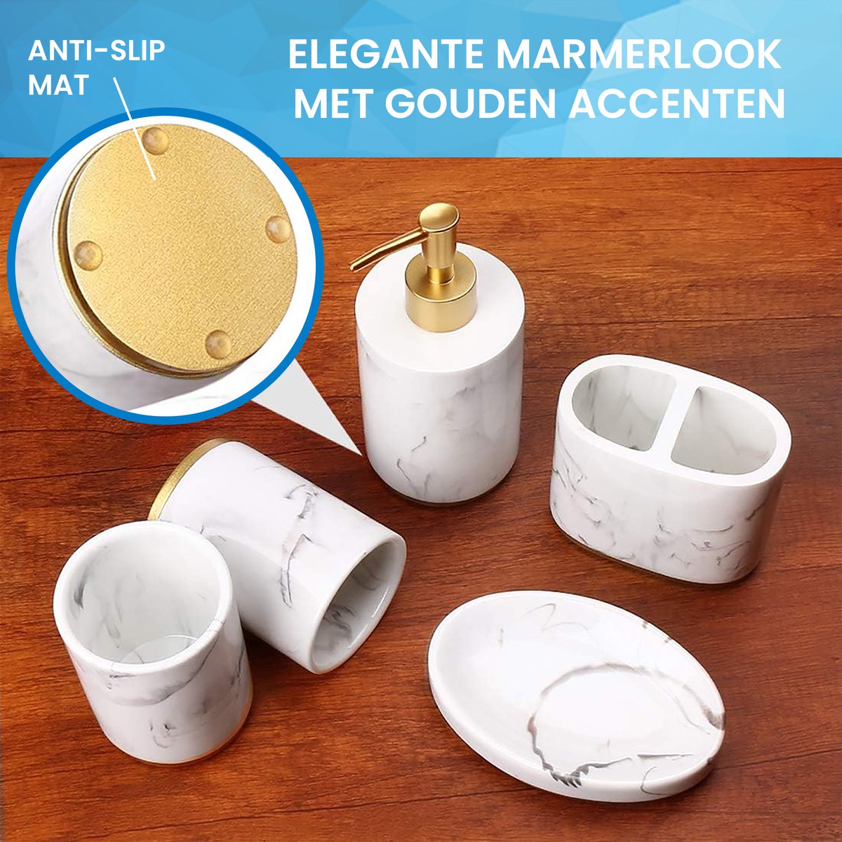 YONO Badkamer Accessoires Set - Zeeppompje - Zeepbakje - Tandenborstel Houder - Beker - Marmerlook Wit Goud