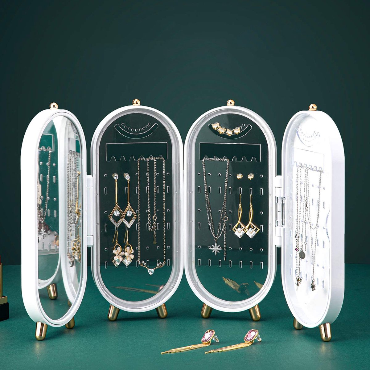 YONO Compacte Sieradenhouder met Spiegel - Sieraden Display Organizer - Oorbellen Standaard - Oorbellenrekje - Ketting Houder - Sieradendoosje - Wit