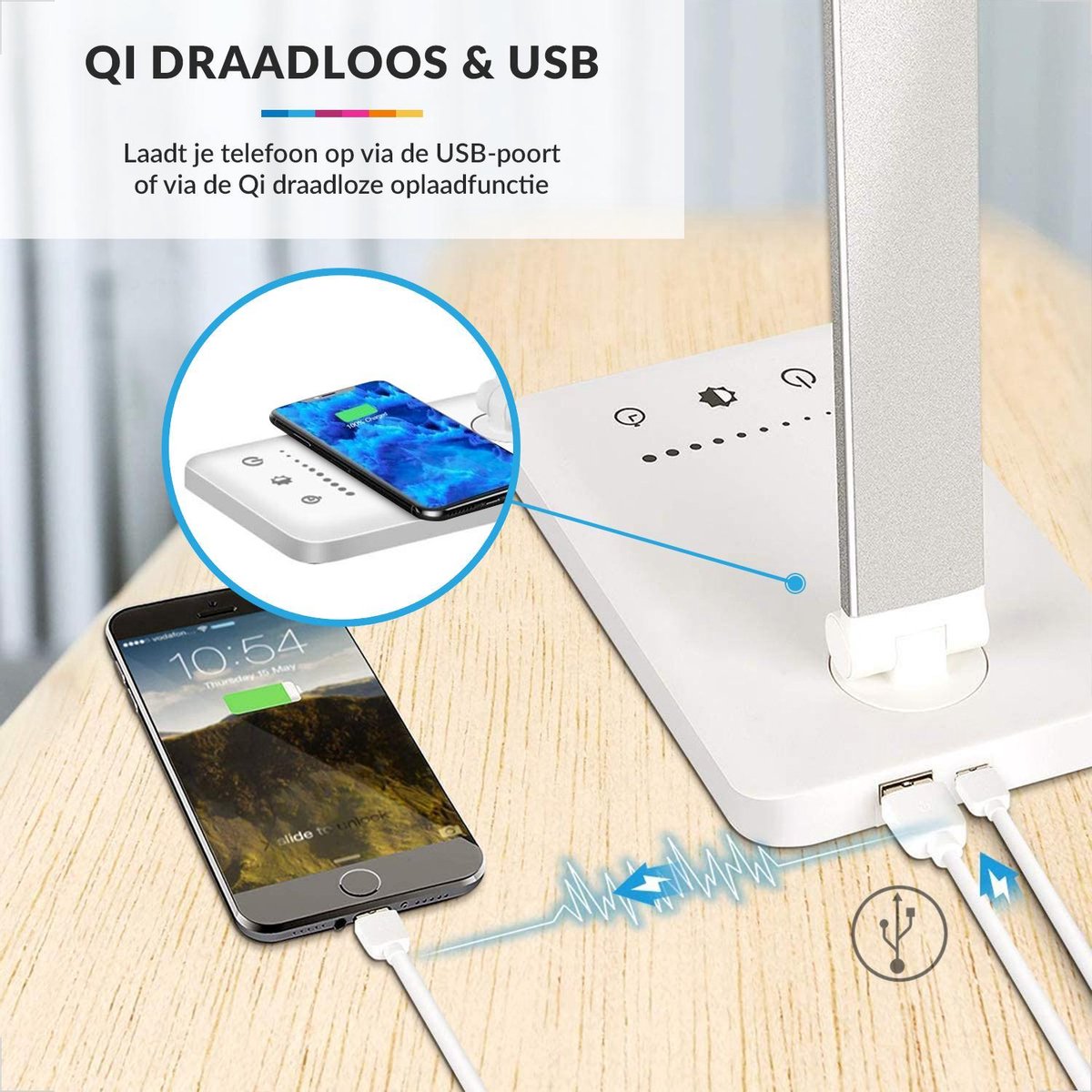 YONO Bureaulamp LED Dimbaar - met Draadloos Oplader en USB - Tafellamp met Stekker - Warm en Wit Licht - Zilver