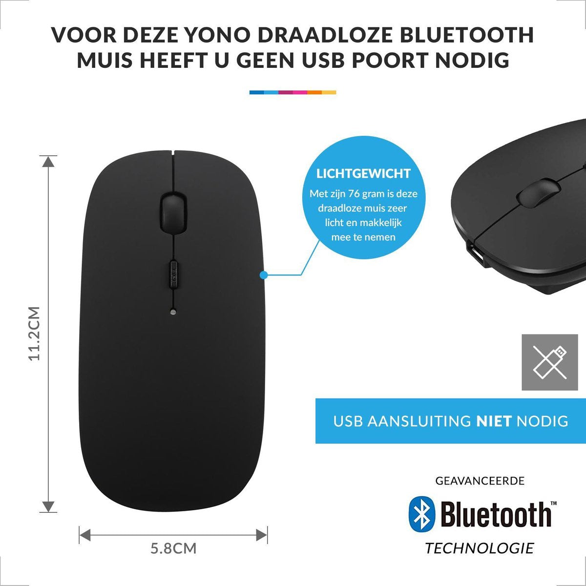 YONO Draadloze Muis met Bluetooth - Oplaadbaar - Geschikt voor Laptop, PC en Mac - Zwart