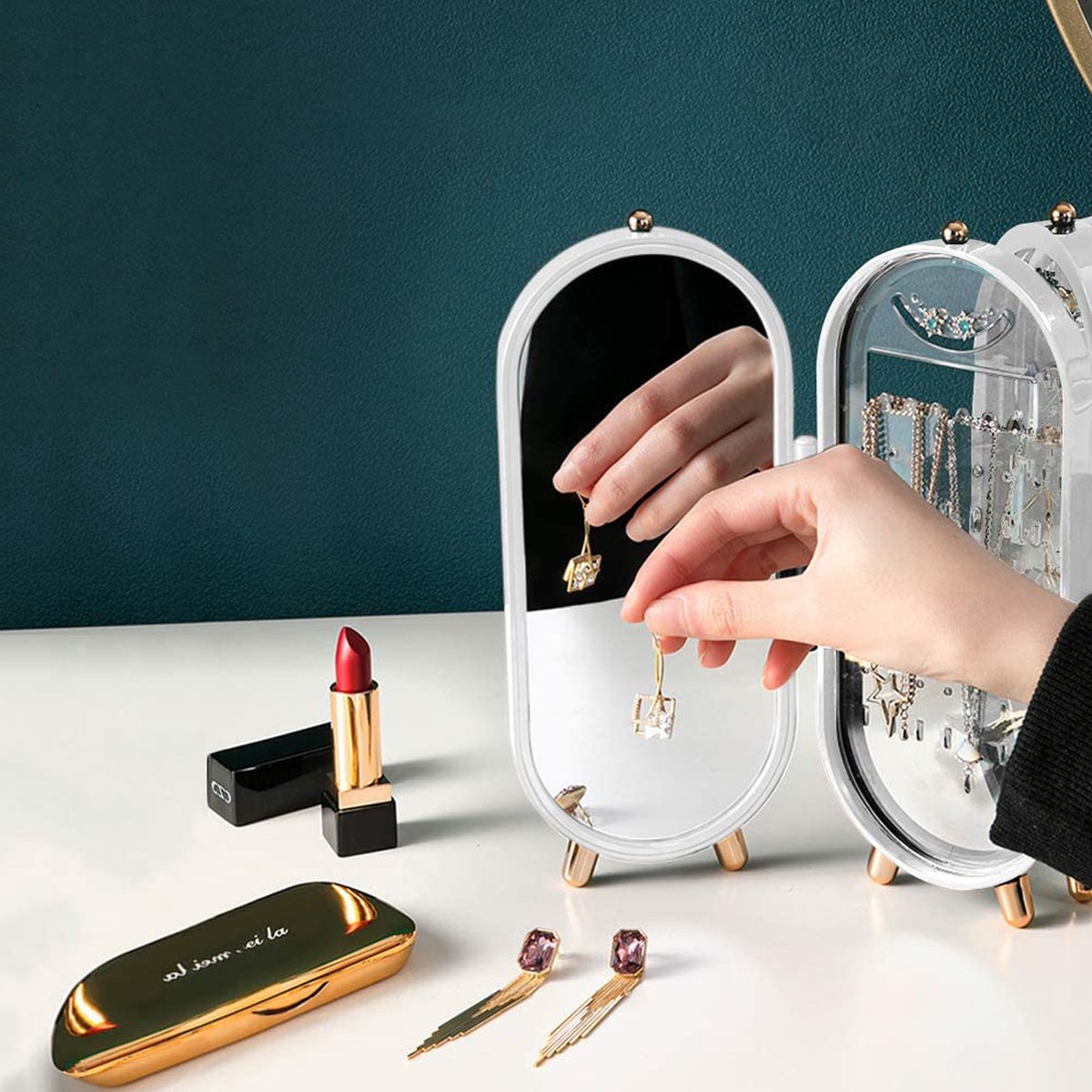 YONO Compacte Sieradenhouder met Spiegel - Sieraden Display Organizer - Oorbellen Standaard - Oorbellenrekje - Ketting Houder - Sieradendoosje - Wit