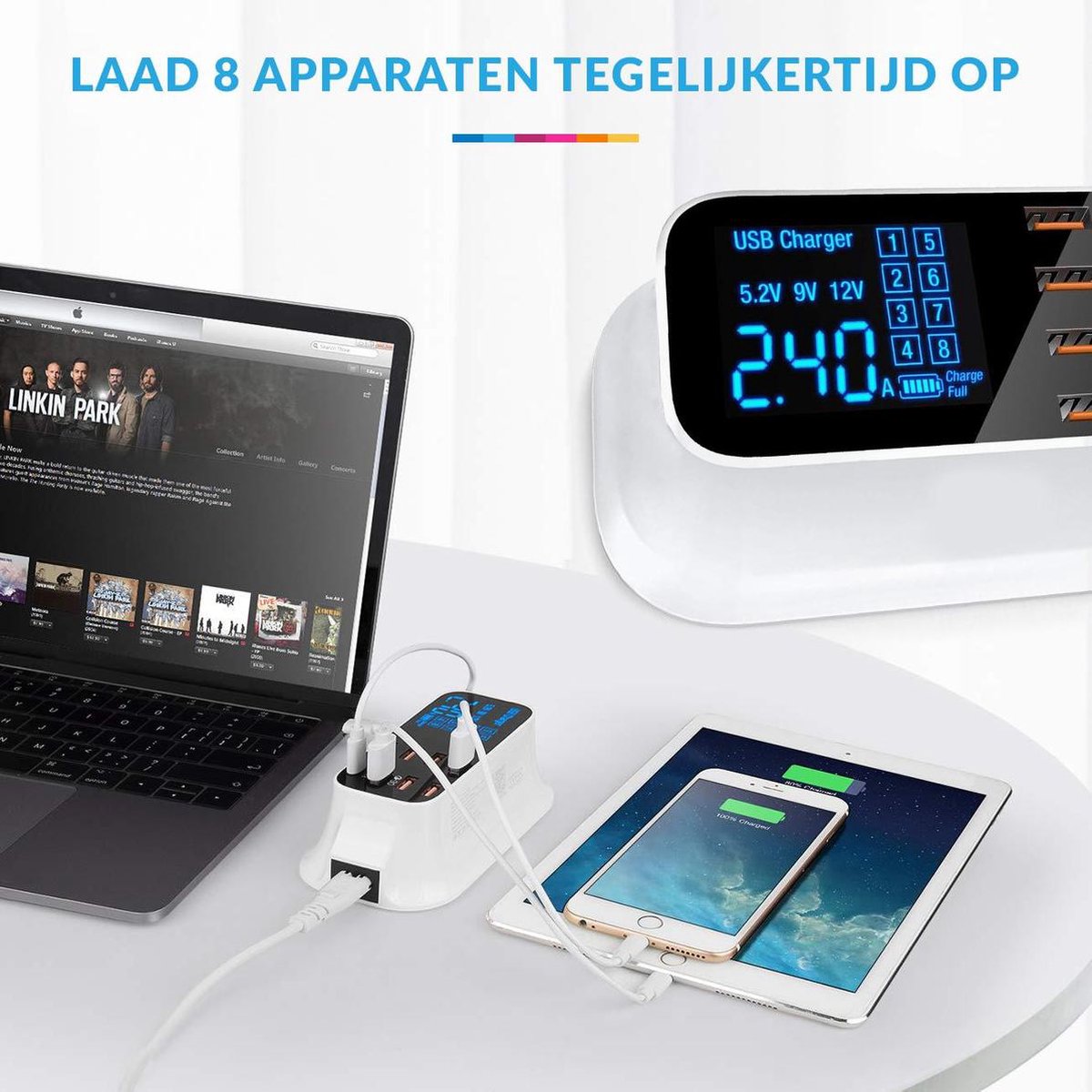 USB Lader met Voeding - Super Oplader - 3.0 Quick Charge - Hub - 8 Poorten met Stekker