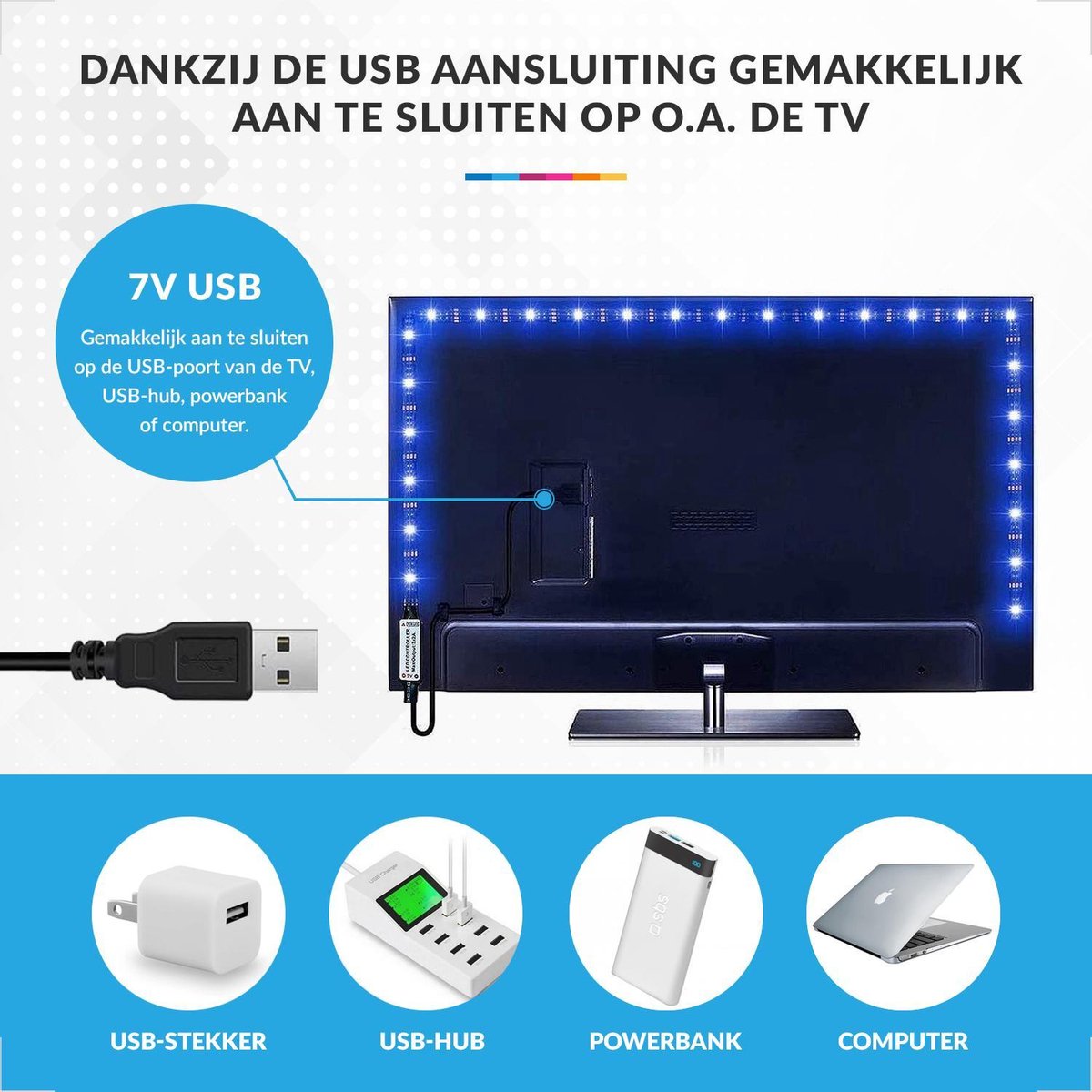 YONO LED Strip - RGB - 1 Meter Incl Afstandsbediening - USB aansluiting