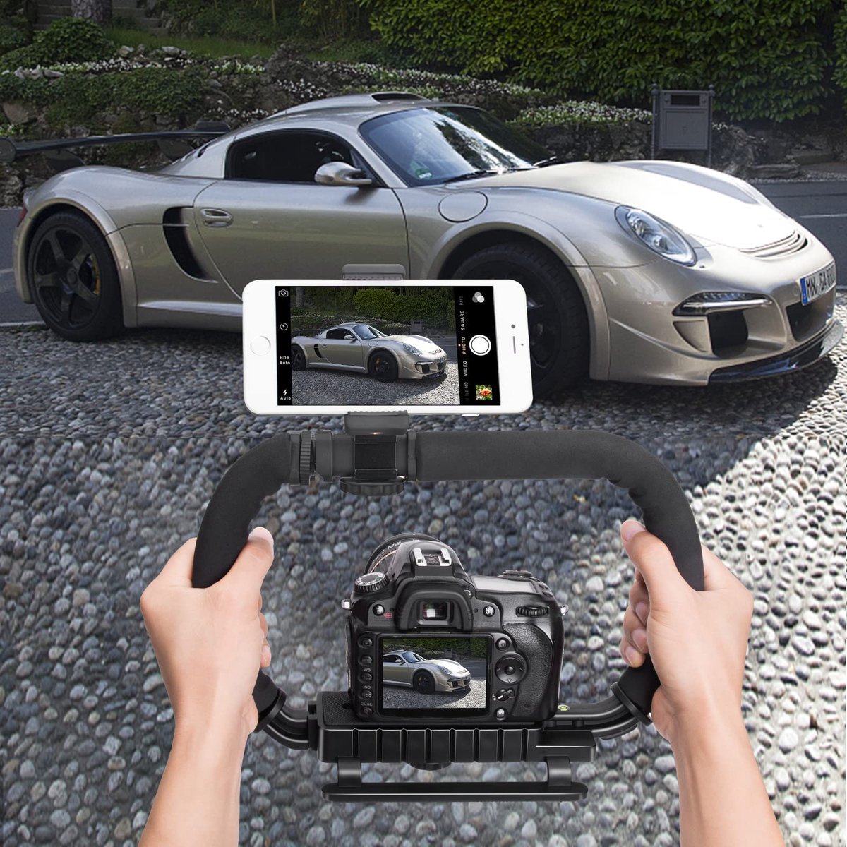 YONO Stabilisator Statief Handheld voor Camera en Accessoires - Professionele Stabilizer Handheld Beugel geschikt voor Actioncam / Smartphone / Videorecorder / Vlog / Youtube / Tiktok / Lamp / Microfoon - Zwart