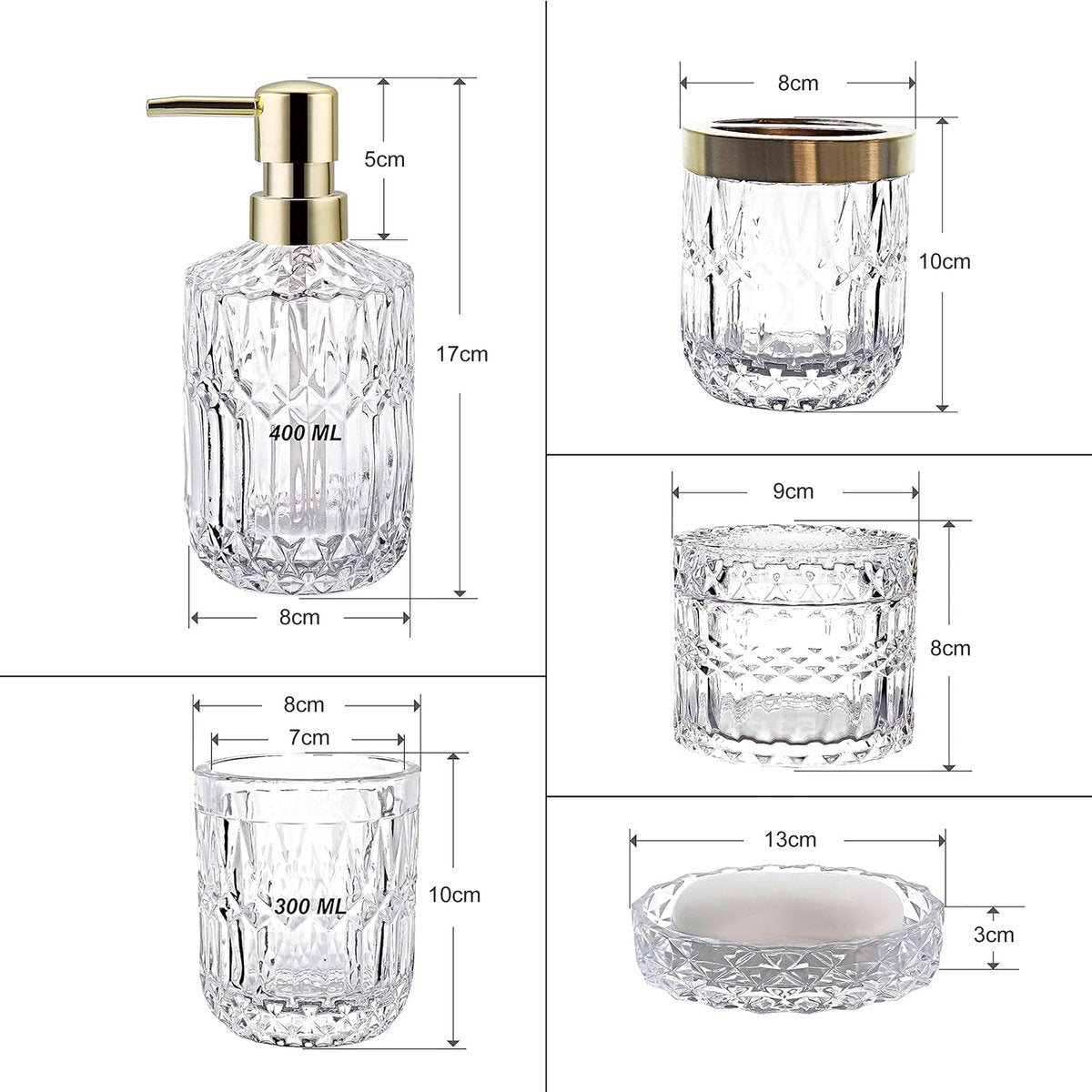 YONO Badkamer Accessoires Set - Gehard Glas - Zeeppompje - Zeepbakje - Tandenborstel Houder - Beker - Transparant