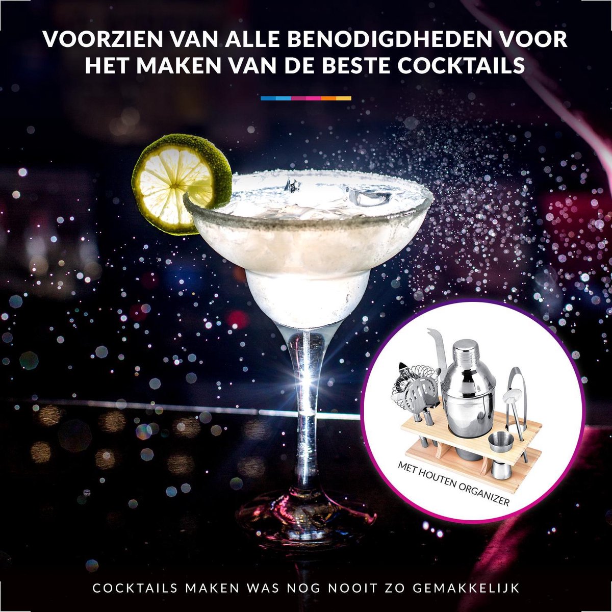 YONO Luxe Cocktail Shaker Set 9-delig en Organizer – Metaal met Houten Bar Stand