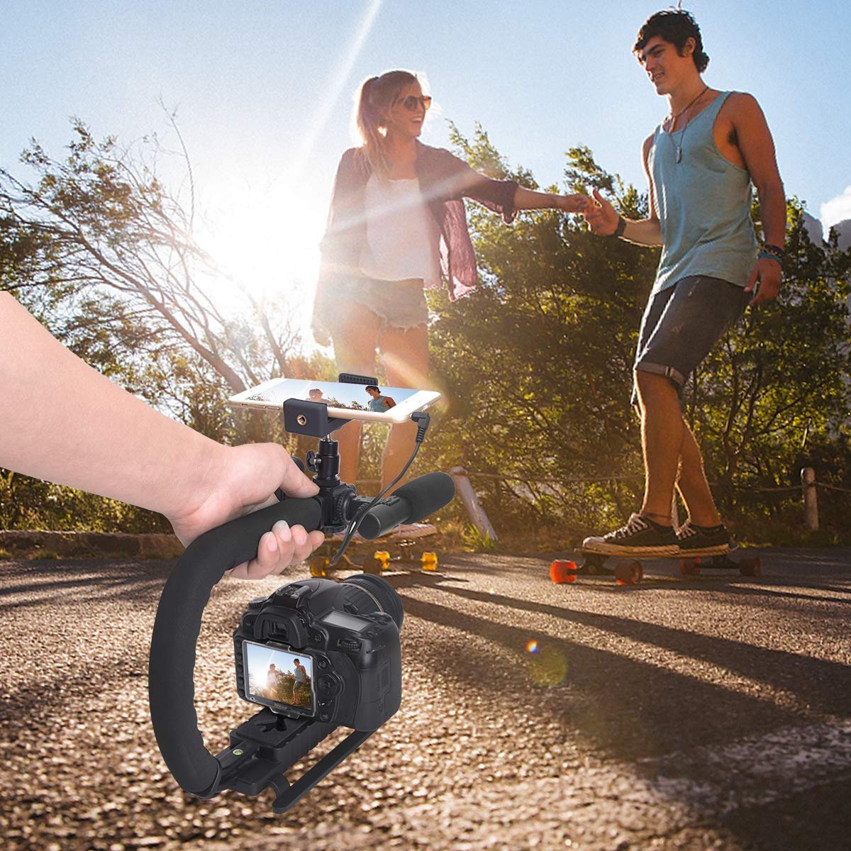 YONO Stabilisator Statief Handheld voor Camera en Accessoires - Professionele Stabilizer Handheld Beugel geschikt voor Actioncam / Smartphone / Videorecorder / Vlog / Youtube / Tiktok / Lamp / Microfoon - Zwart