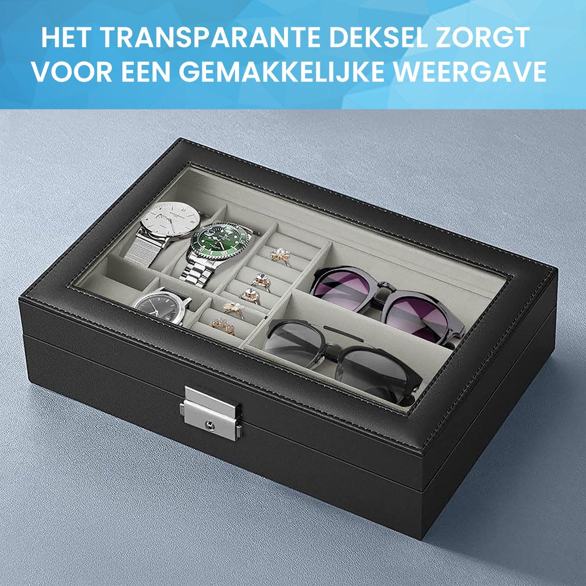 YONO Opbergbox voor Horloges / Brillen / Sieraden - Horloge Box - Zonnebrillen Doos - Organizer - Zwart