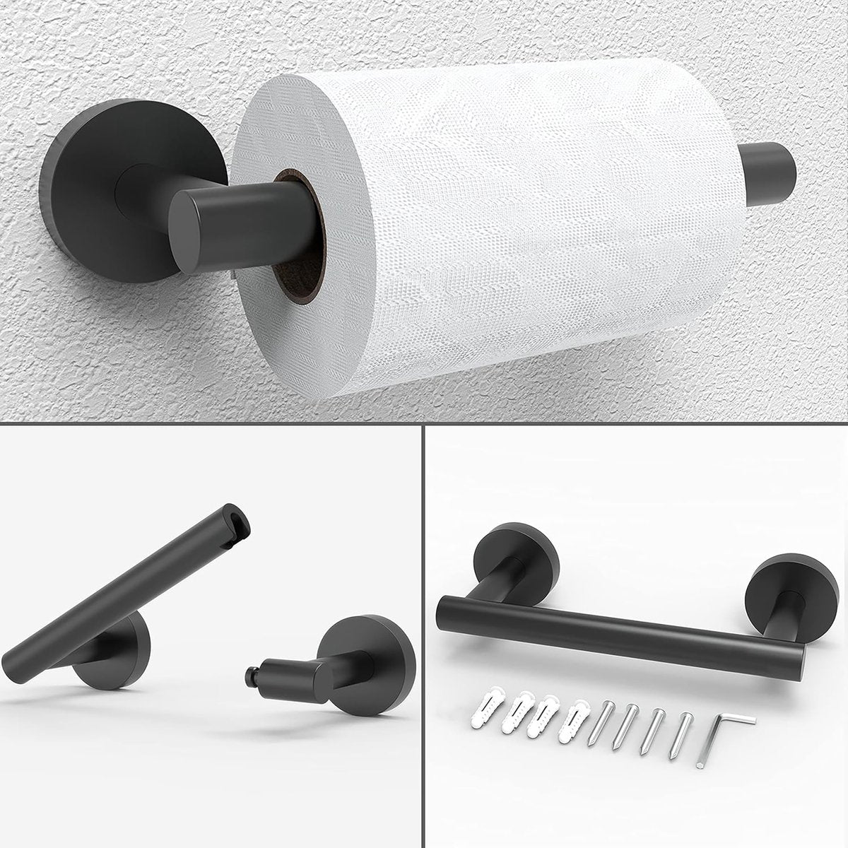 YONO Handdoekhouder en WC Rolhouder - RVS - Handdoekring - Badkamer Houder Accessoires - Toiletrolhouder Handdoekrek - Set van 2 - Mat Zwart