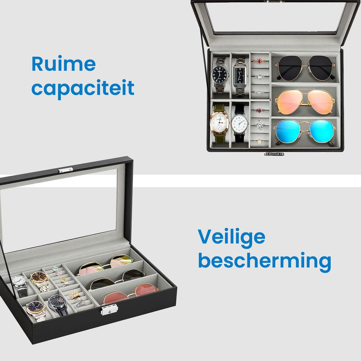 YONO Opbergbox voor Horloges / Brillen / Sieraden - Horloge Box - Zonnebrillen Doos - Organizer - Zwart