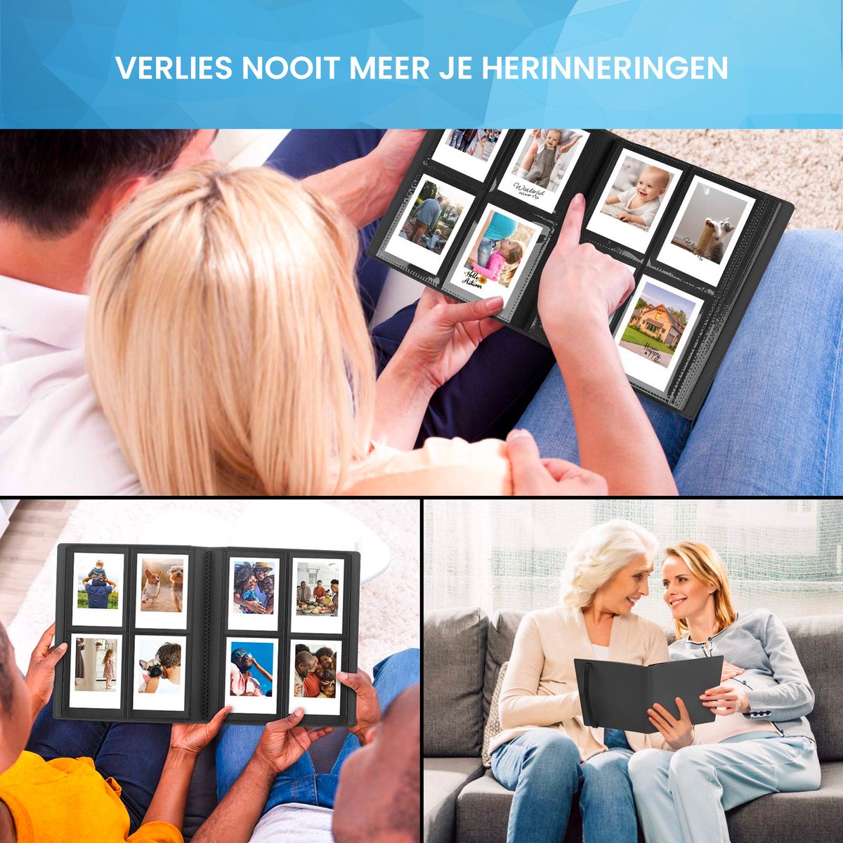 YONO Fotoalbum 160 voor Instant Camera Fotopapier - Fotoboek Geschikt voor Fujifilm Instax Mini 12 / 11 / 9 / 8 / 7s / 25 / 90 / Link / SP-2 / Liplay - Film Polaroid - Kodak - Square en Meer - Zwart