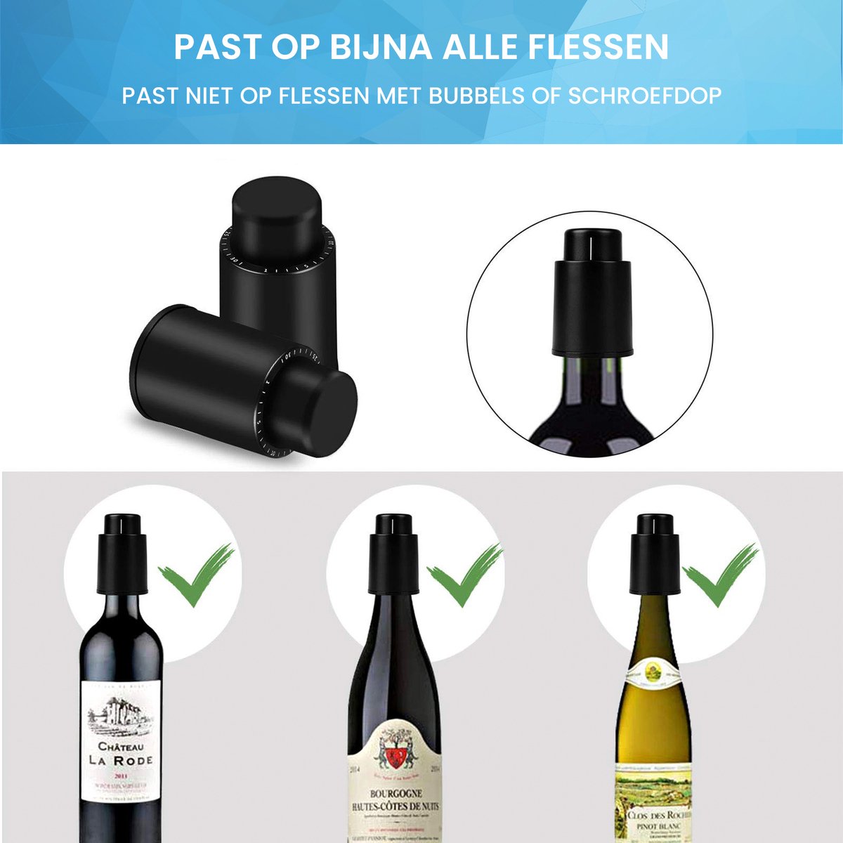 YONO Wijnstopper Set - Wijn Vacuumpomp Flessenstop - Vacuum Dop Afsluiter - Lekvrij en Herbruikbaar - 2 Stuks