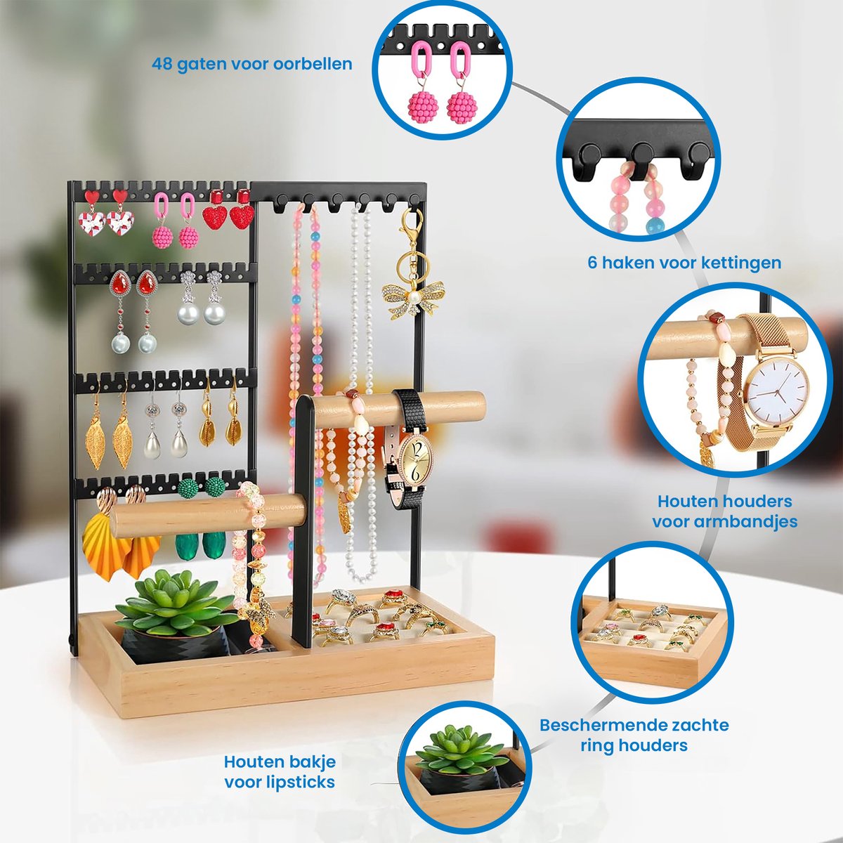 YONO Sieradenrekje Organizer - Houder Display voor Oorbellen / Kettingen / Armbanden Opbergen - Hout en RVS - Zwart