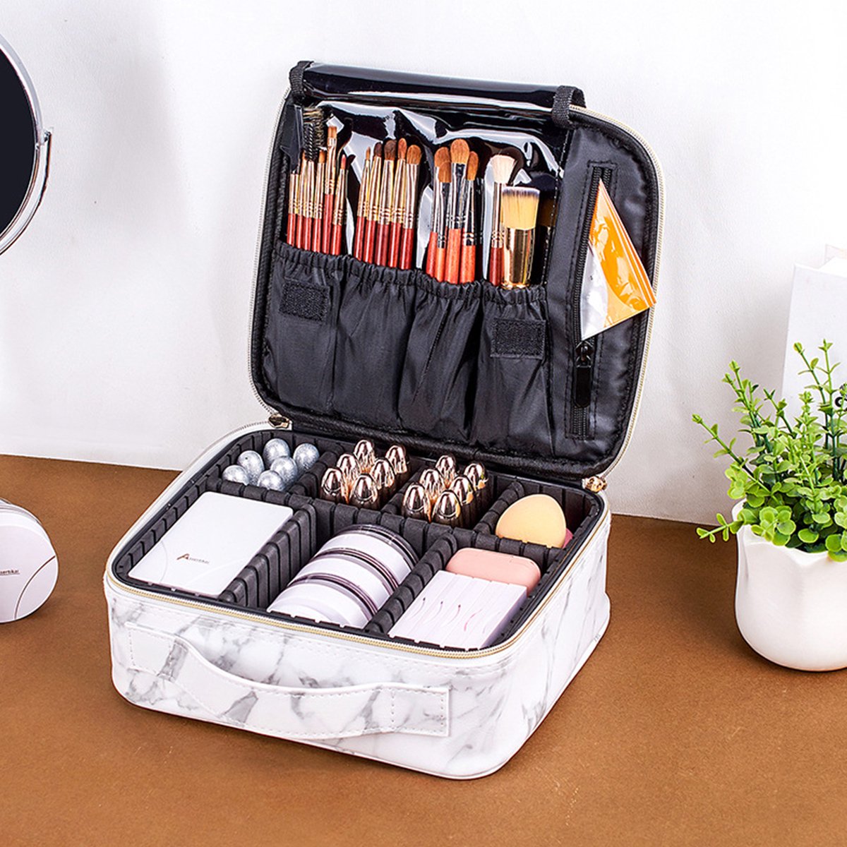 YONO Beautycase Marmer Design - Make Up Koffer Dames – Makeup Organizer – Tas voor Cosmetica – Reis Toilettas – Wit