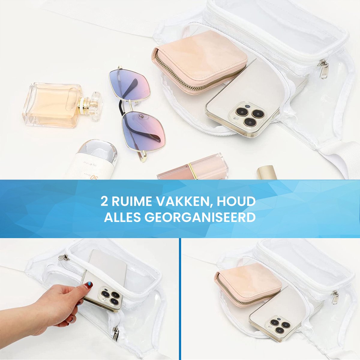 YONO Fanny Pack Doorzichtig - Heuptasje geschikt voor Festival / Reizen - Telefoontasje Crossbody - Buideltasje voor Dames en Heren - Wit