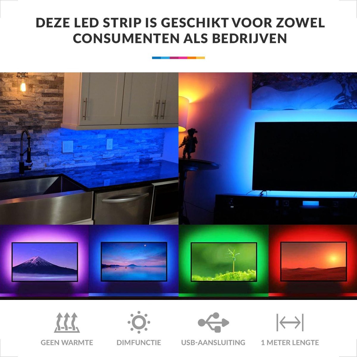 YONO LED Strip - RGB - 1 Meter Incl Afstandsbediening - USB aansluiting