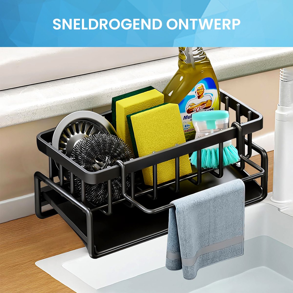 YONO Gootsteen Organizer voor Aanrecht en Keuken - Vaatdoek en Spons Houder - Zwart