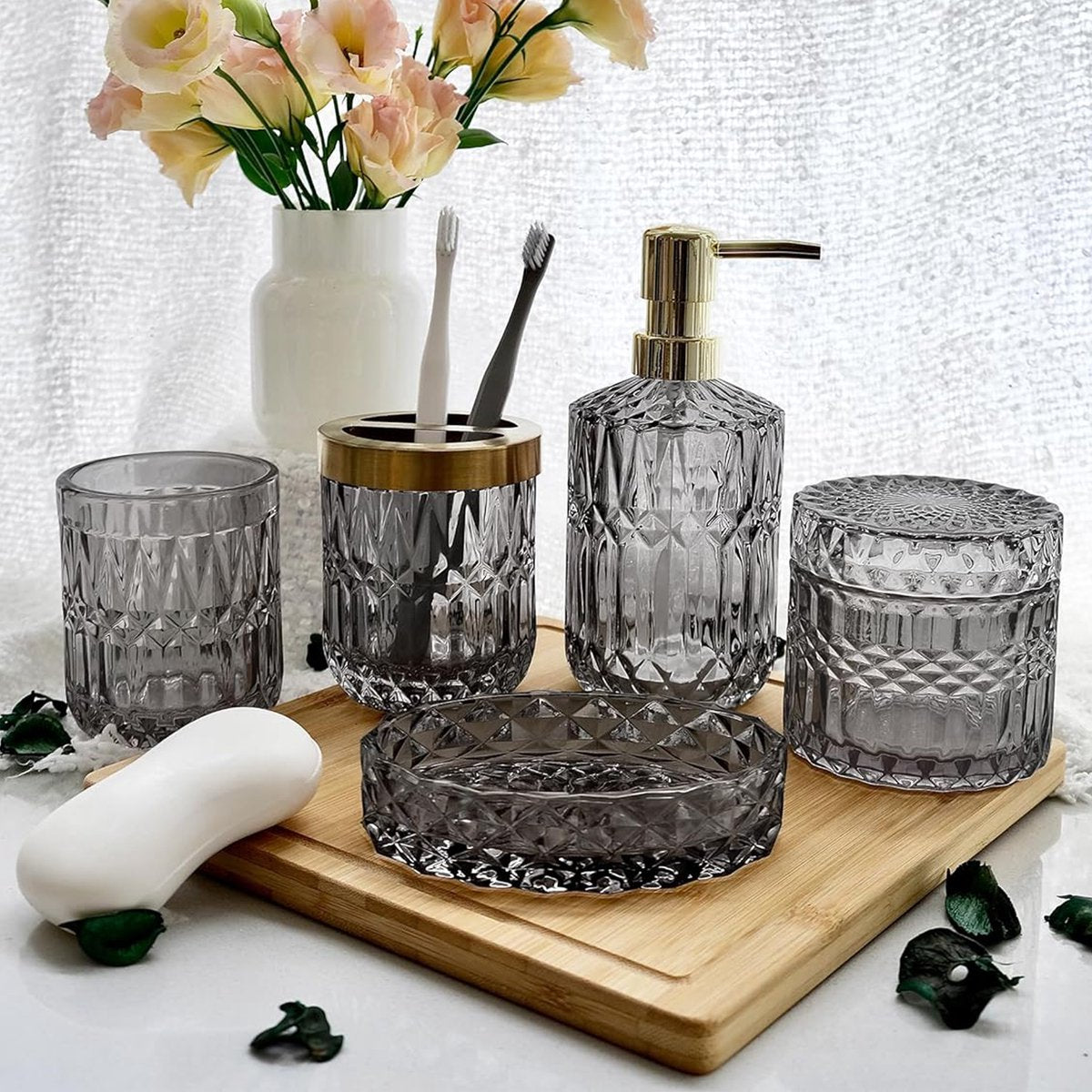 YONO Badkamer Accessoires Set - Gehard Glas - Zeeppompje - Zeepbakje - Tandenborstel Houder - Beker - Grijs