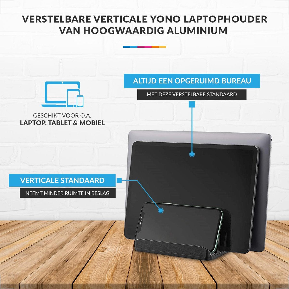 YONO Aluminium Laptop Standaard Verticaal XL – Verticale Houder voor Bureau / Tablet / Telefoon / Macbook - Zwart