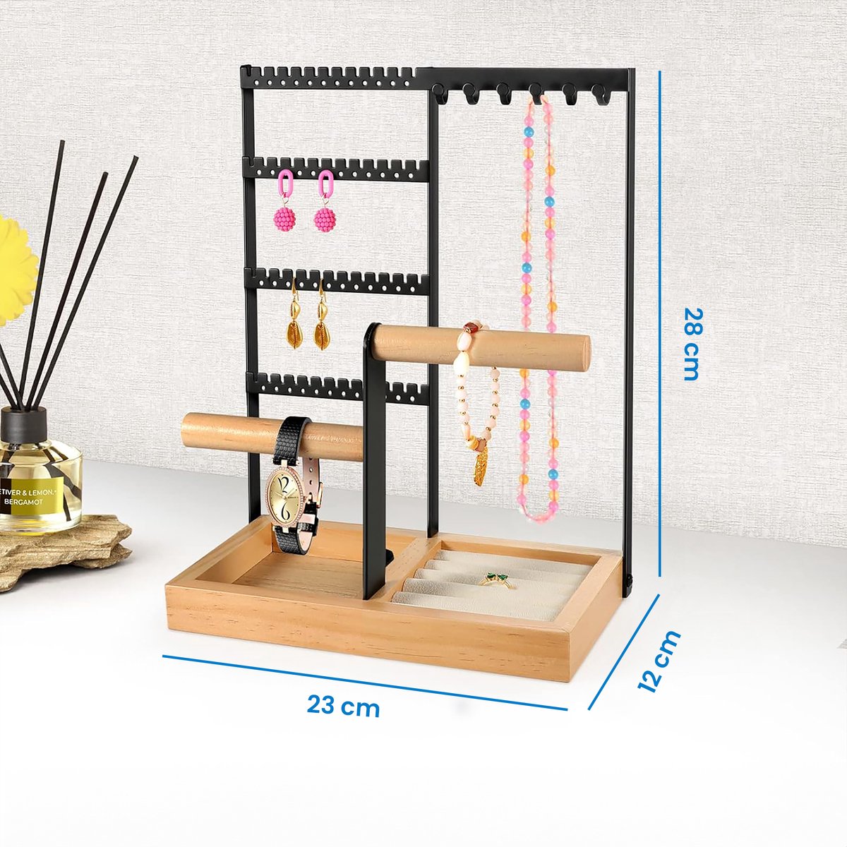 YONO Sieradenrekje Organizer - Houder Display voor Oorbellen / Kettingen / Armbanden Opbergen - Hout en RVS - Zwart