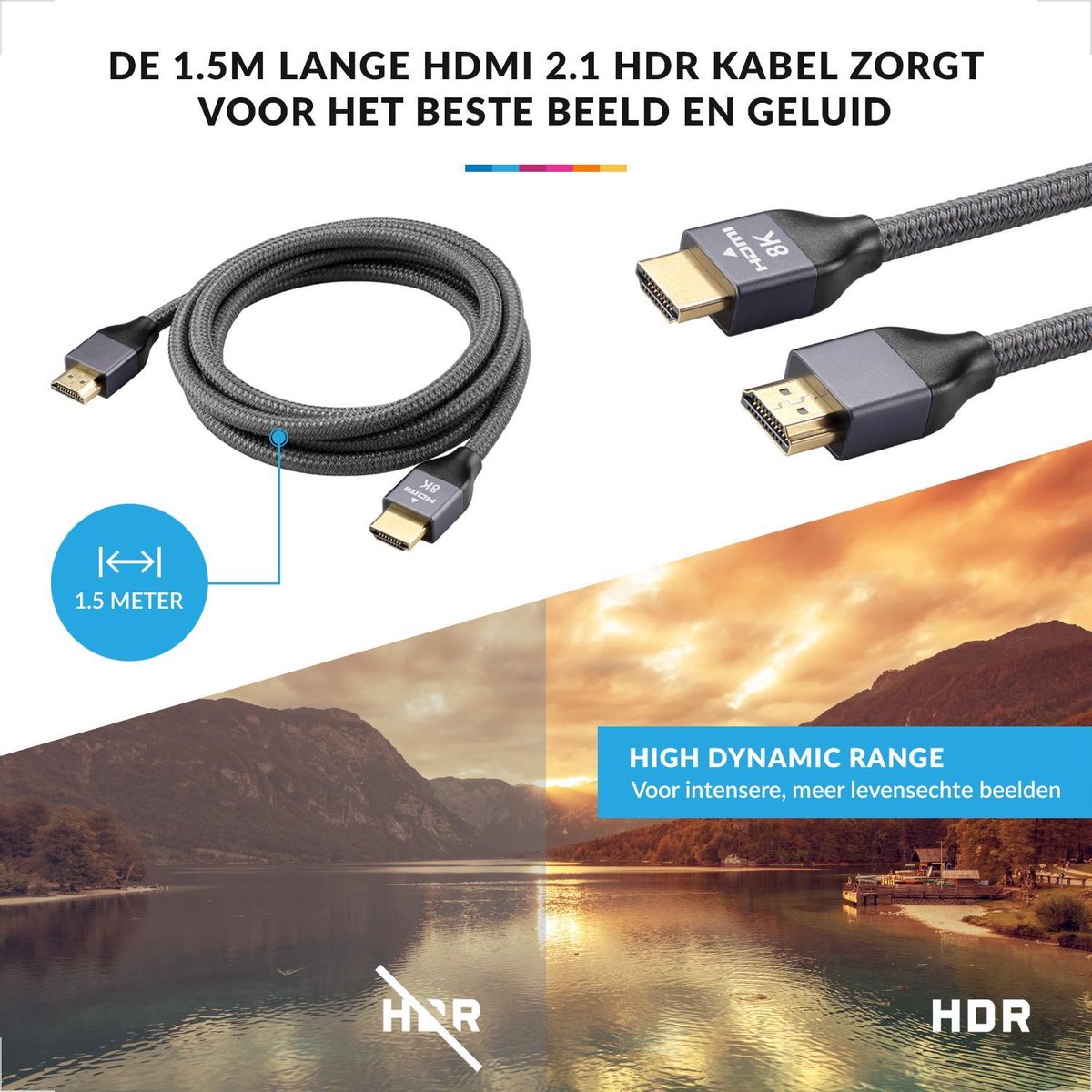 HDMI 2.1 kabel Ultra High Speed – geschikt voor PS5 en Xbox Series X ondersteuning 8K en 4K – Gold Plated – Nylon – 1.5 Meter