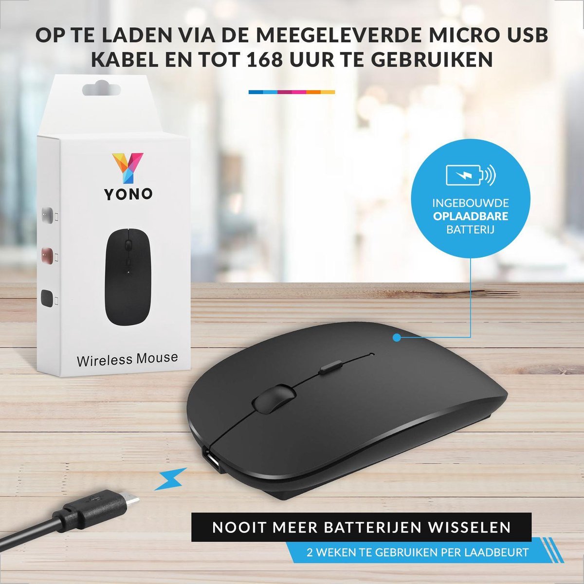 YONO Draadloze Muis met Bluetooth - Oplaadbaar - Geschikt voor Laptop, PC en Mac - Zwart