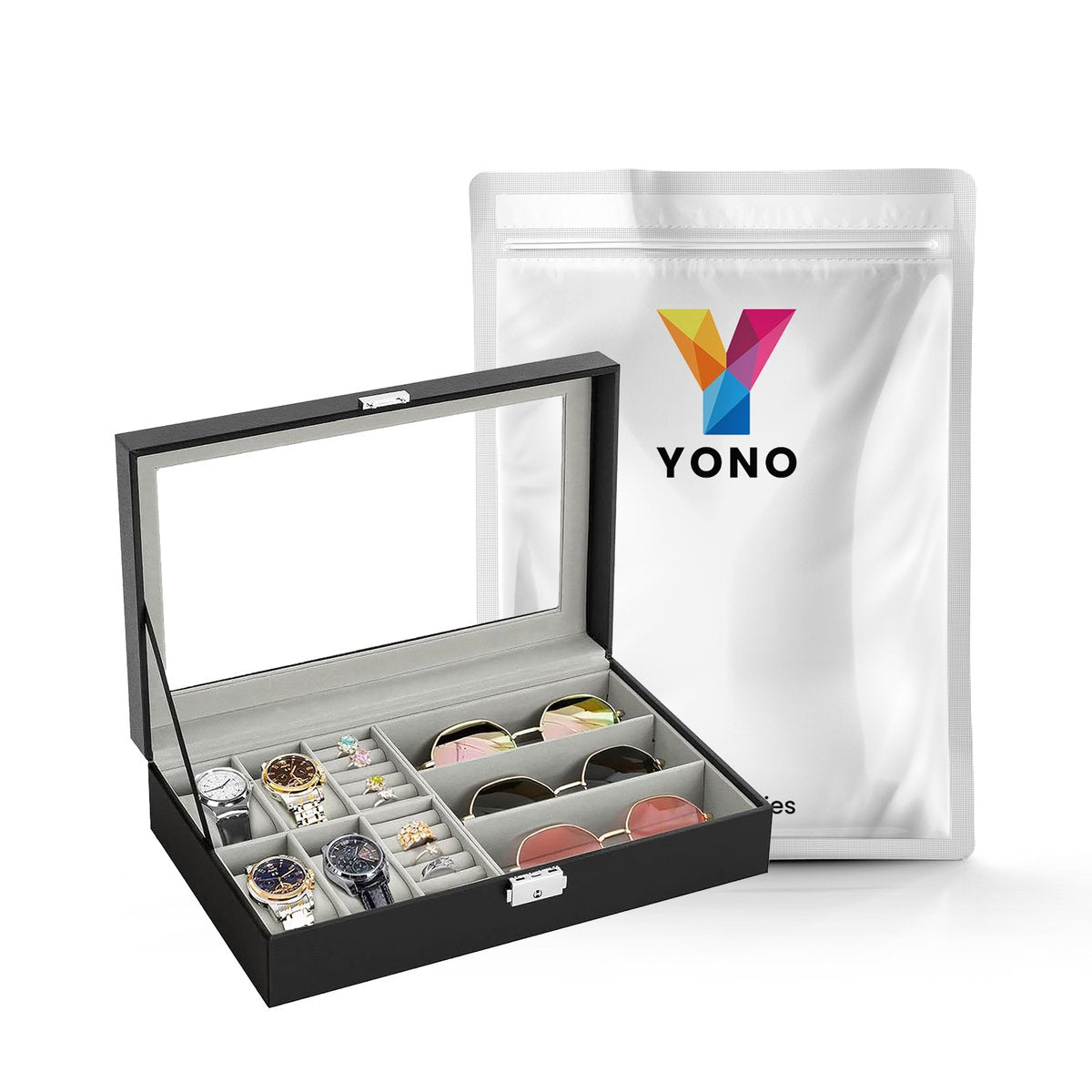 YONO Opbergbox voor Horloges / Brillen / Sieraden - Horloge Box - Zonnebrillen Doos - Organizer - Zwart