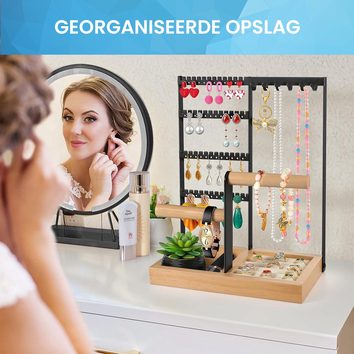 YONO Sieradenrekje Organizer - Houder Display voor Oorbellen / Kettingen / Armbanden Opbergen - Hout en RVS - Zwart