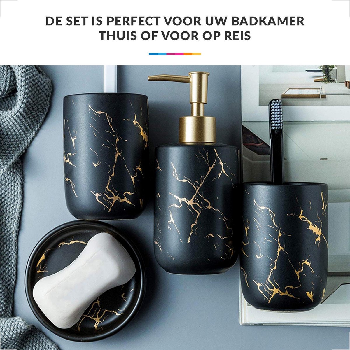 Badkamer Accessoires Set – Tandenborstelhouder –Zeeppompje Zeepbakje – Keramiek met Marmer Design – Zwart